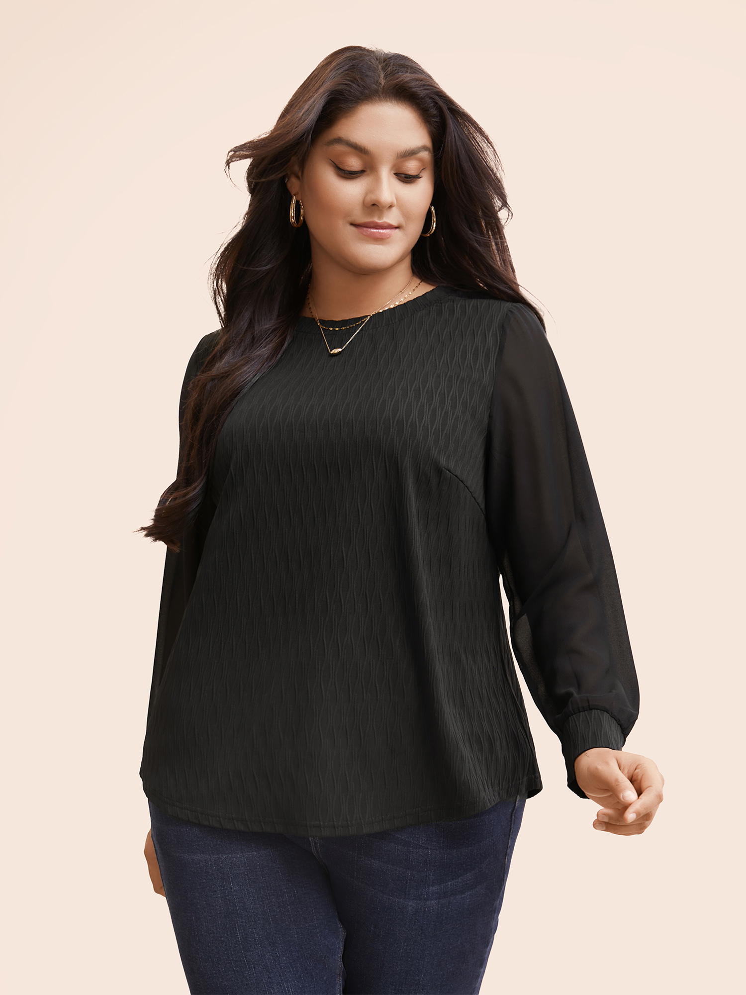 

Plus Size Crew Neck Solid Textured Patchwork Mesh T-shirt Black Women Elegant Texture Round Neck Everyday T-shirts BloomChic