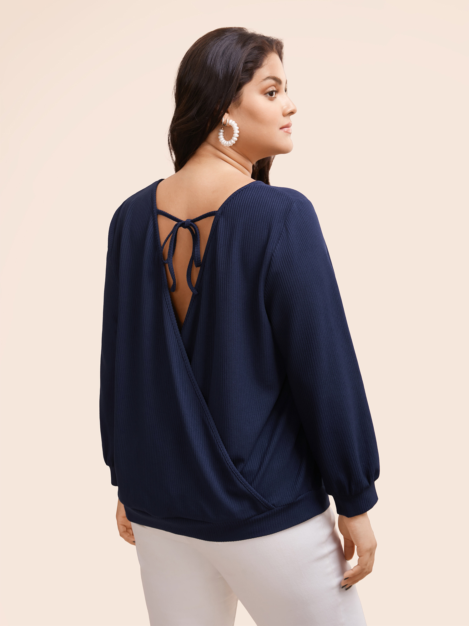 

Plus Size Solid Round Neck Backless Tie Knot T-shirt Indigo Women Casual Overlapping Round Neck Everyday T-shirts BloomChic