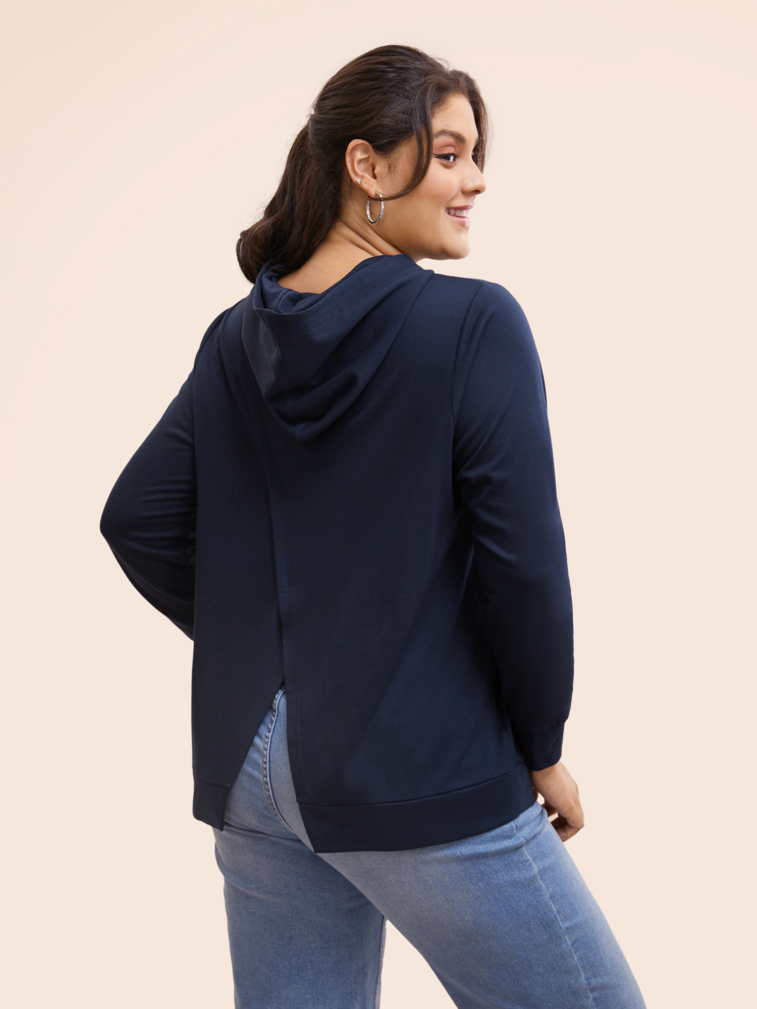 

Plus Size Plain Hooded Overlap Slit Hem Sweatshirt Women Indigo Casual Overlapping Hooded Everyday Sweatshirts BloomChic