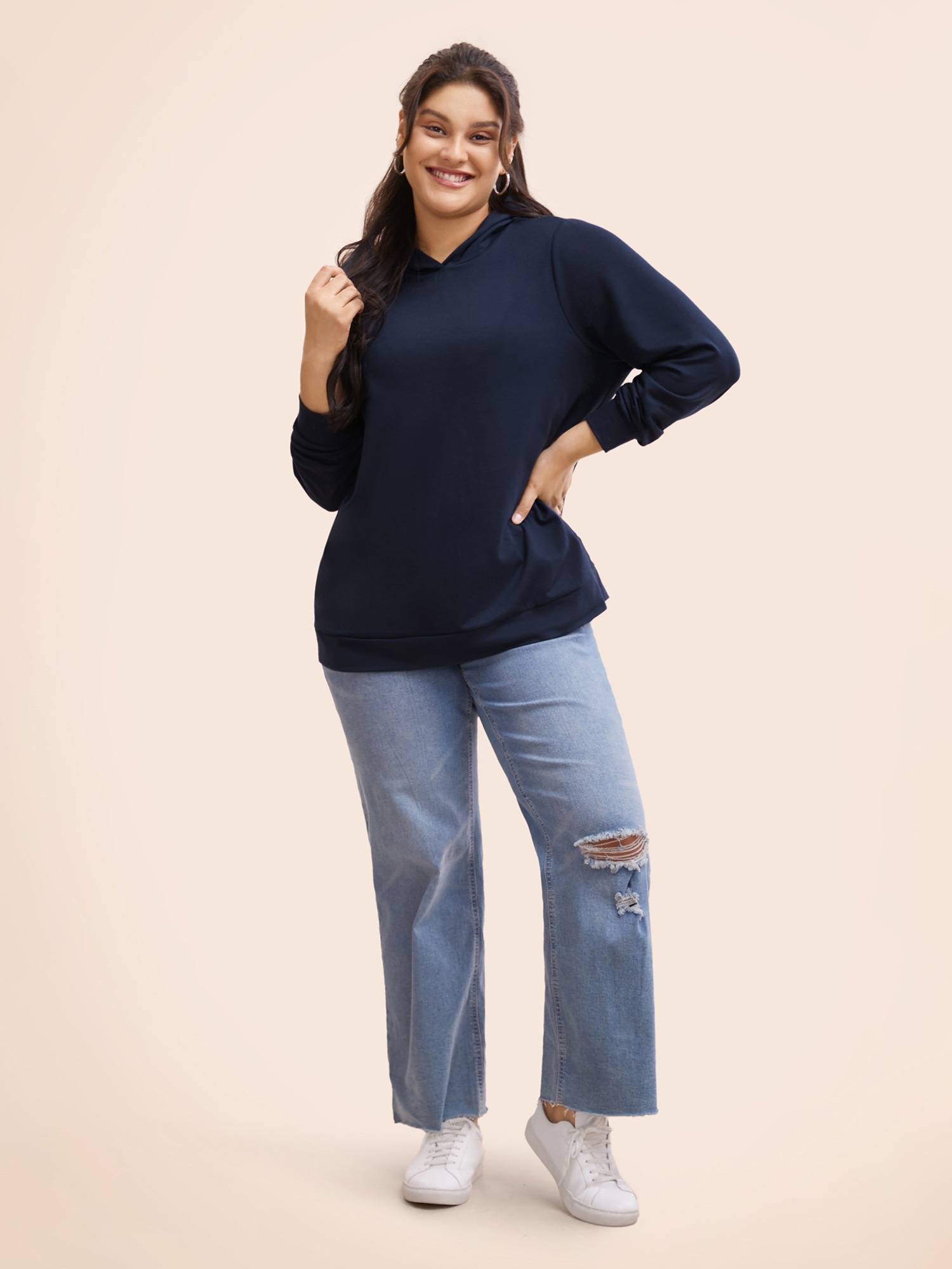 

Plus Size Plain Hooded Overlap Slit Hem Sweatshirt Women Indigo Casual Overlapping Hooded Everyday Sweatshirts BloomChic