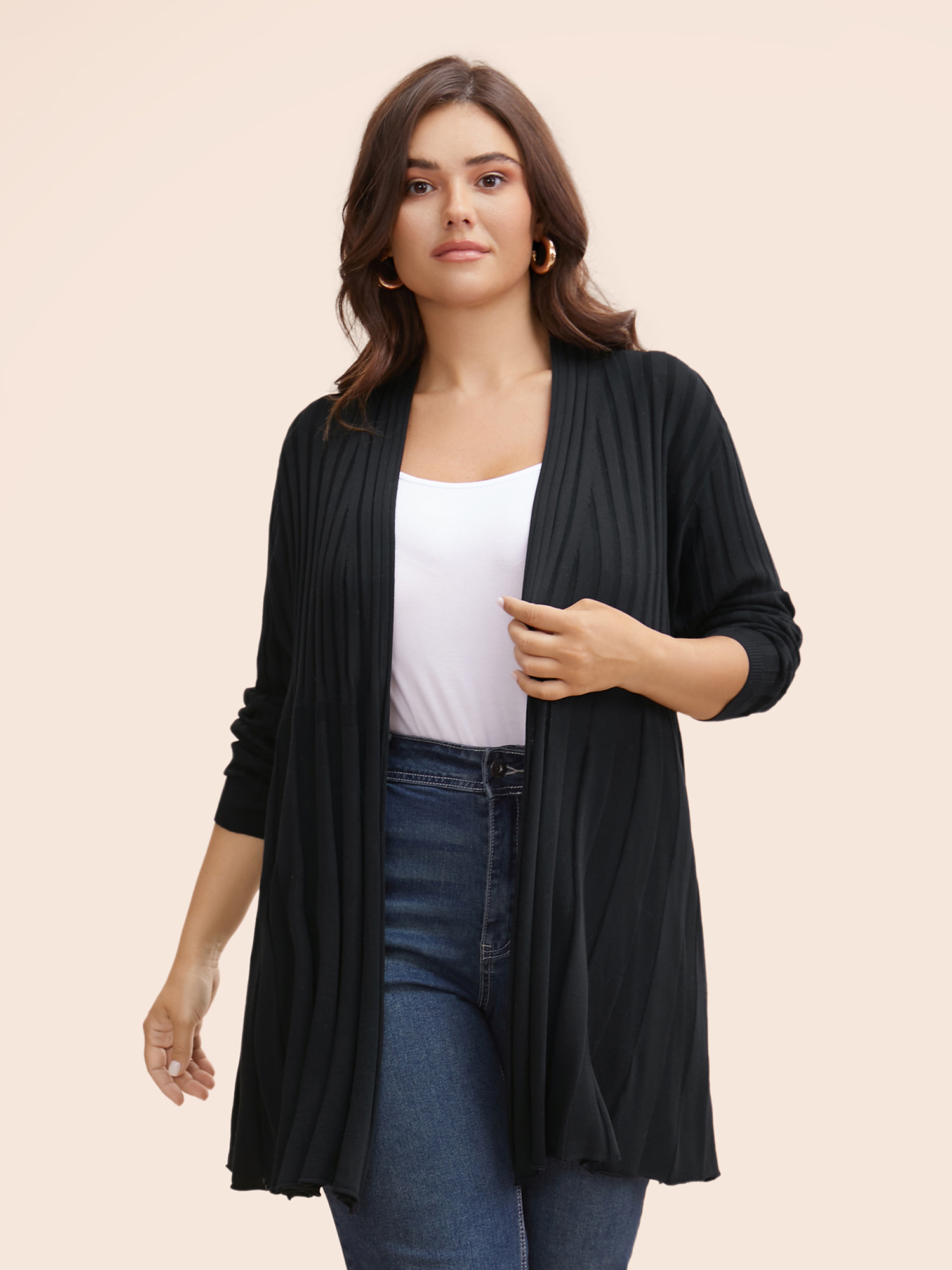 

Plus Size Plain Textured Kimono Collar Cardigan Black Women Casual Loose Long Sleeve Everyday Cardigans BloomChic