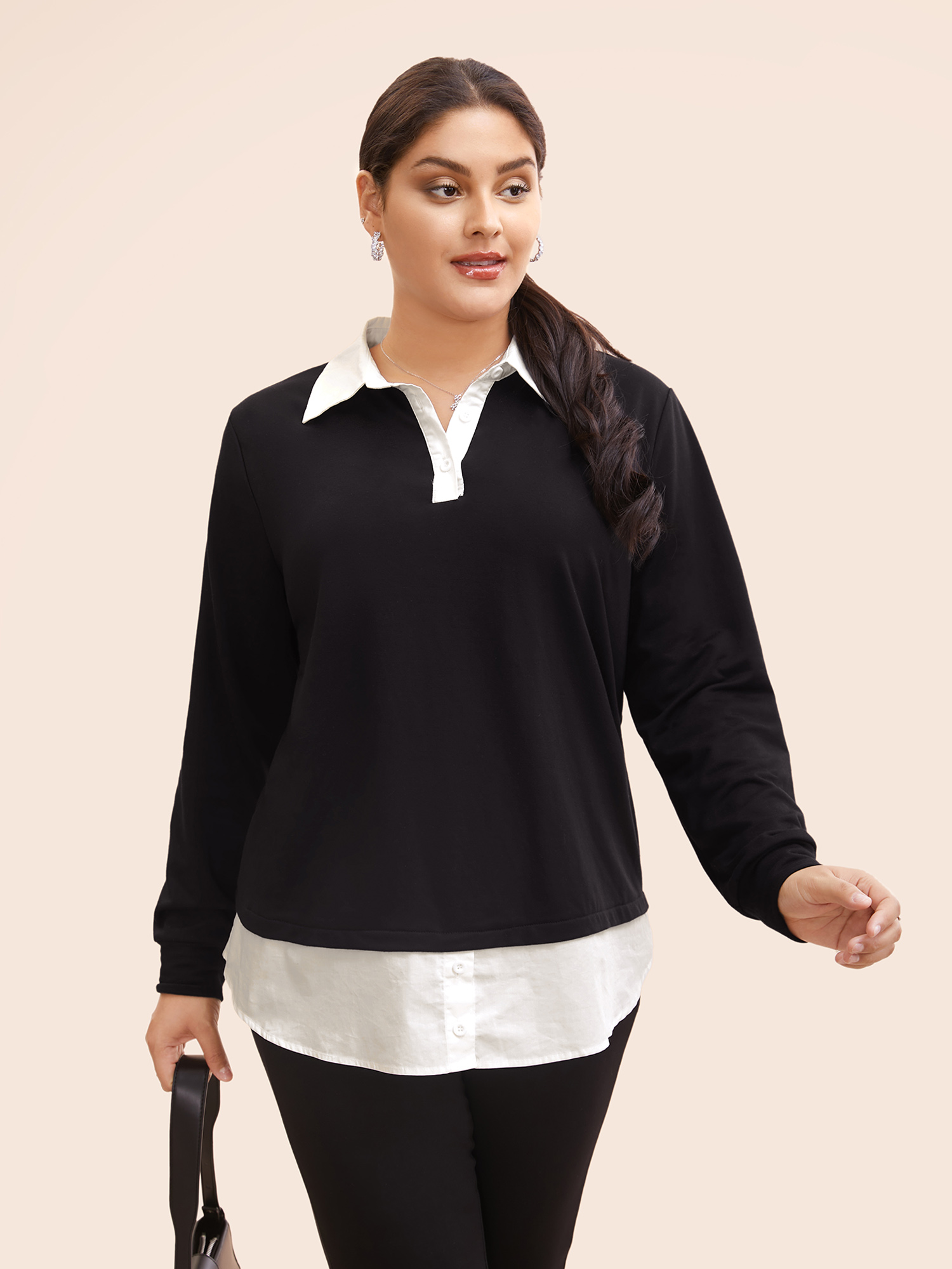 

Plus Size 2-In-1 Shirt Collar Contrast Patchwork Sweatshirt Women Black Work From Home Contrast Shirt collar Work Sweatshirts BloomChic