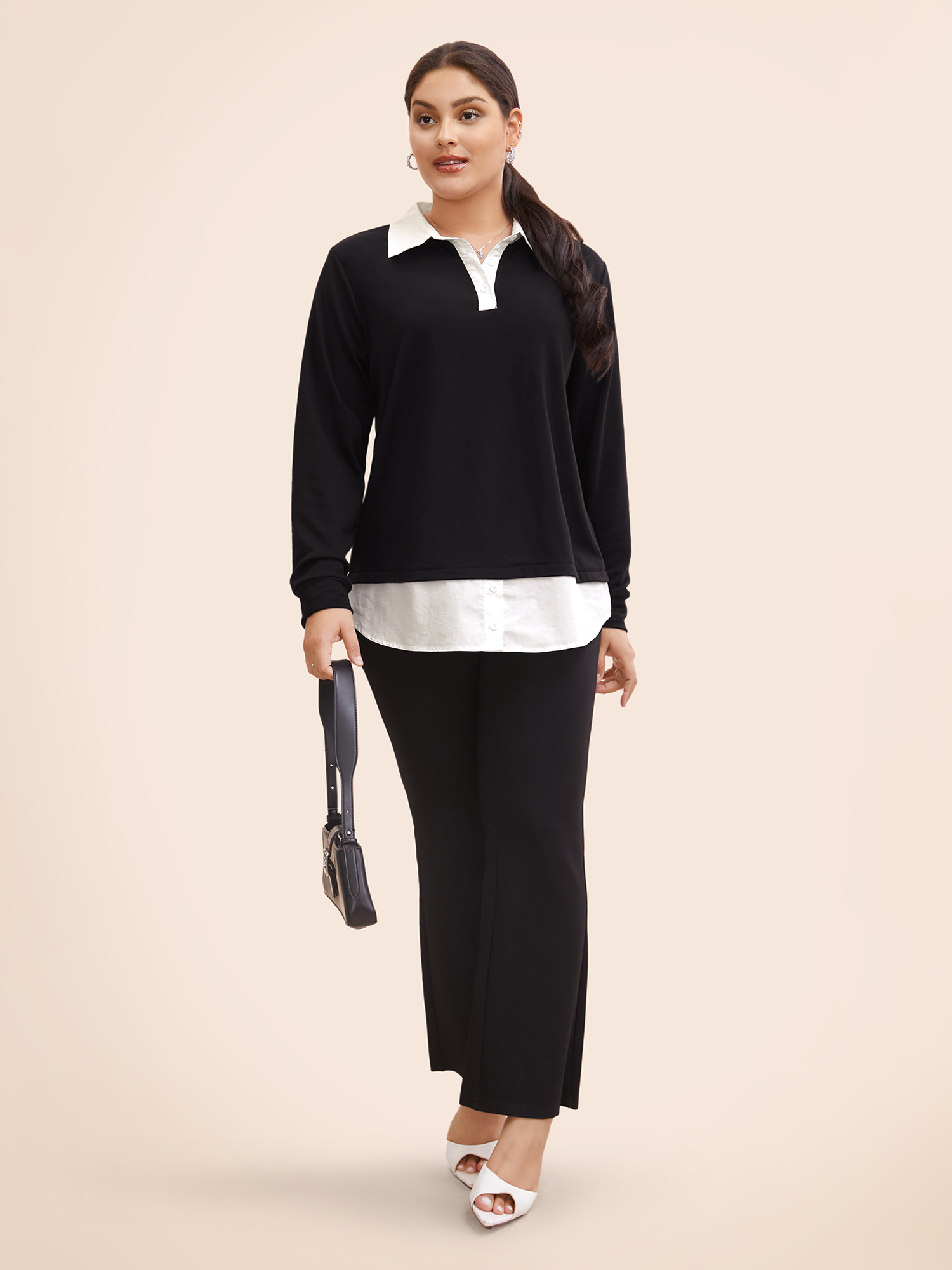 Plus Size 2-In-1 Shirt Collar Contrast Patchwork Sweatshirt Women Black Work From Home Contrast Shirt collar Work Sweatshirts BloomChic 14-16/1X 