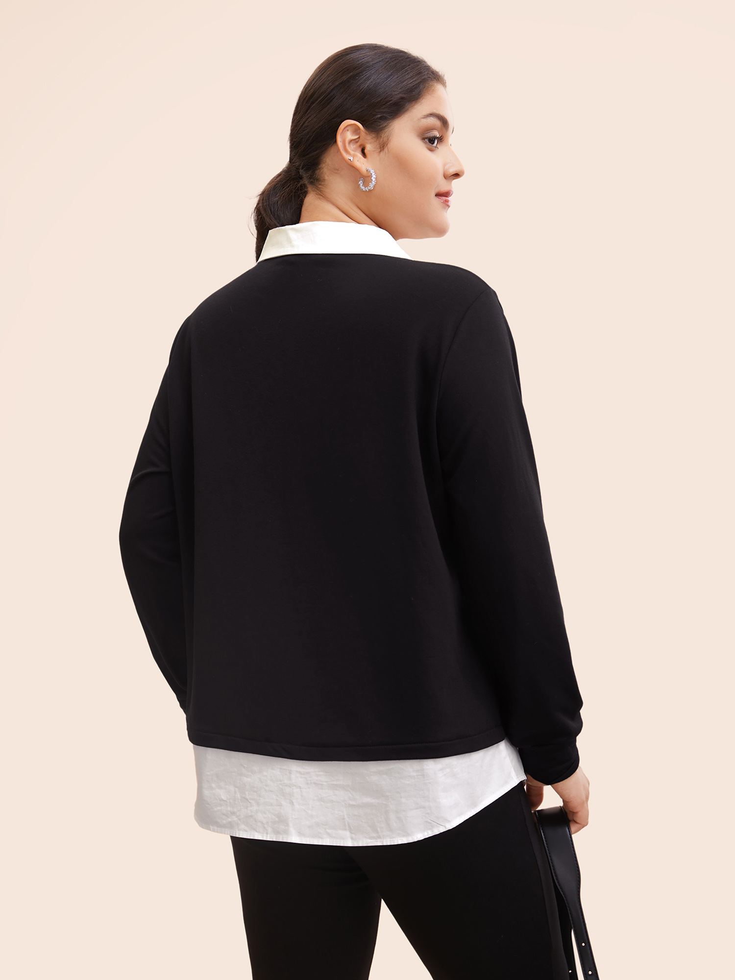 Plus Size 2-In-1 Shirt Collar Contrast Patchwork Sweatshirt Women Black Work From Home Contrast Shirt collar Work Sweatshirts BloomChic 14-16/1X 