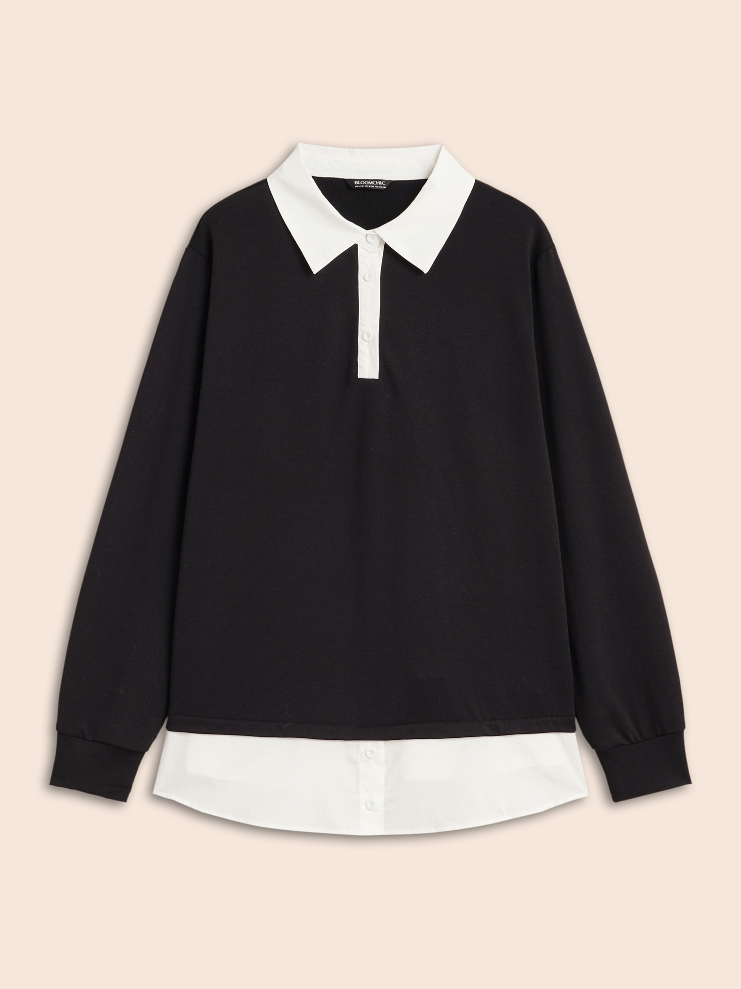 Plus Size 2-In-1 Shirt Collar Contrast Patchwork Sweatshirt Women Black Work From Home Contrast Shirt collar Work Sweatshirts BloomChic 14-16/1X 