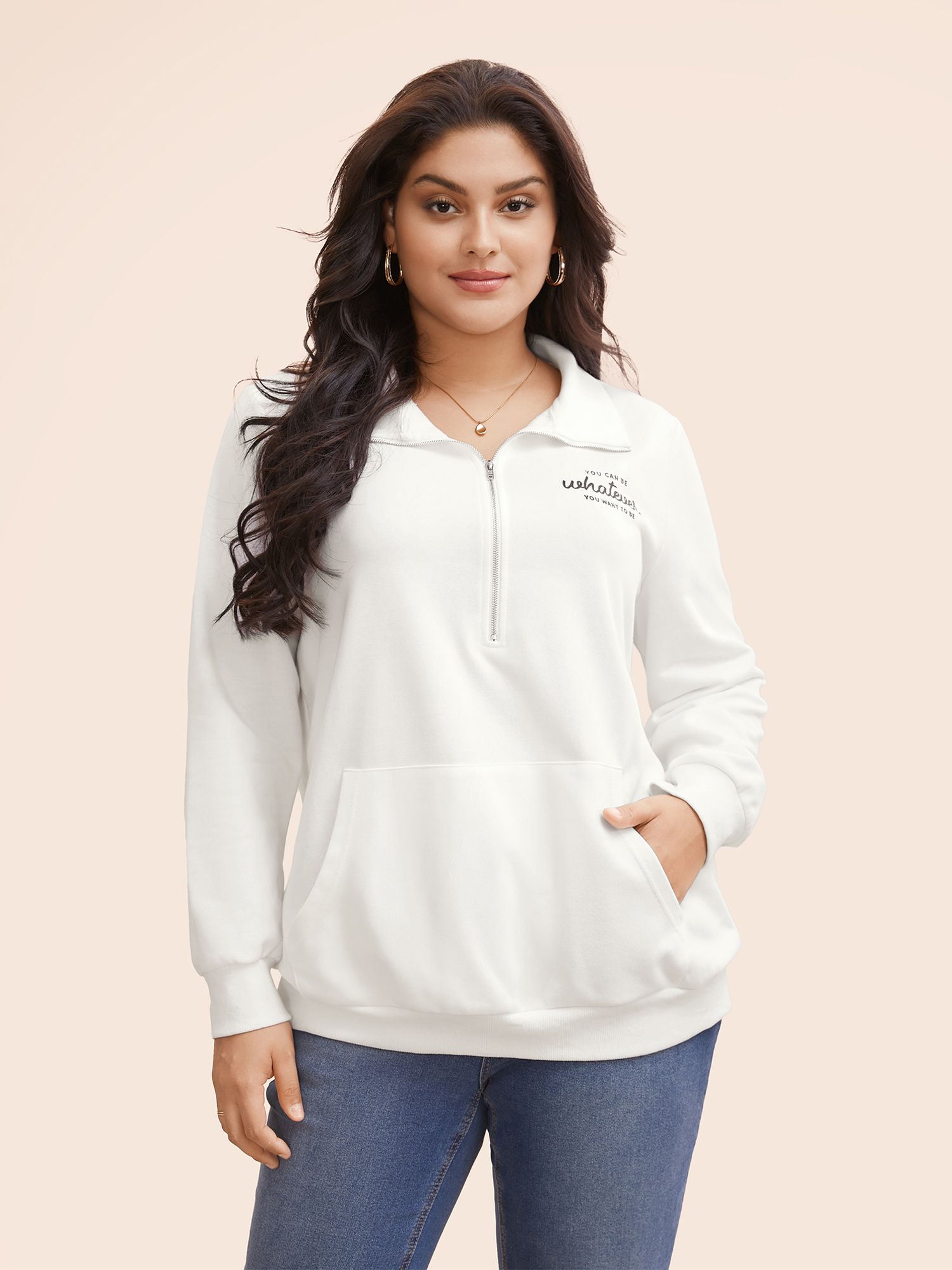 

Plus Size Letter Print Half Zip Kangaroo Pocket Sweatshirt Women Originalwhite Elegant Patchwork Polo Everyday Sweatshirts BloomChic