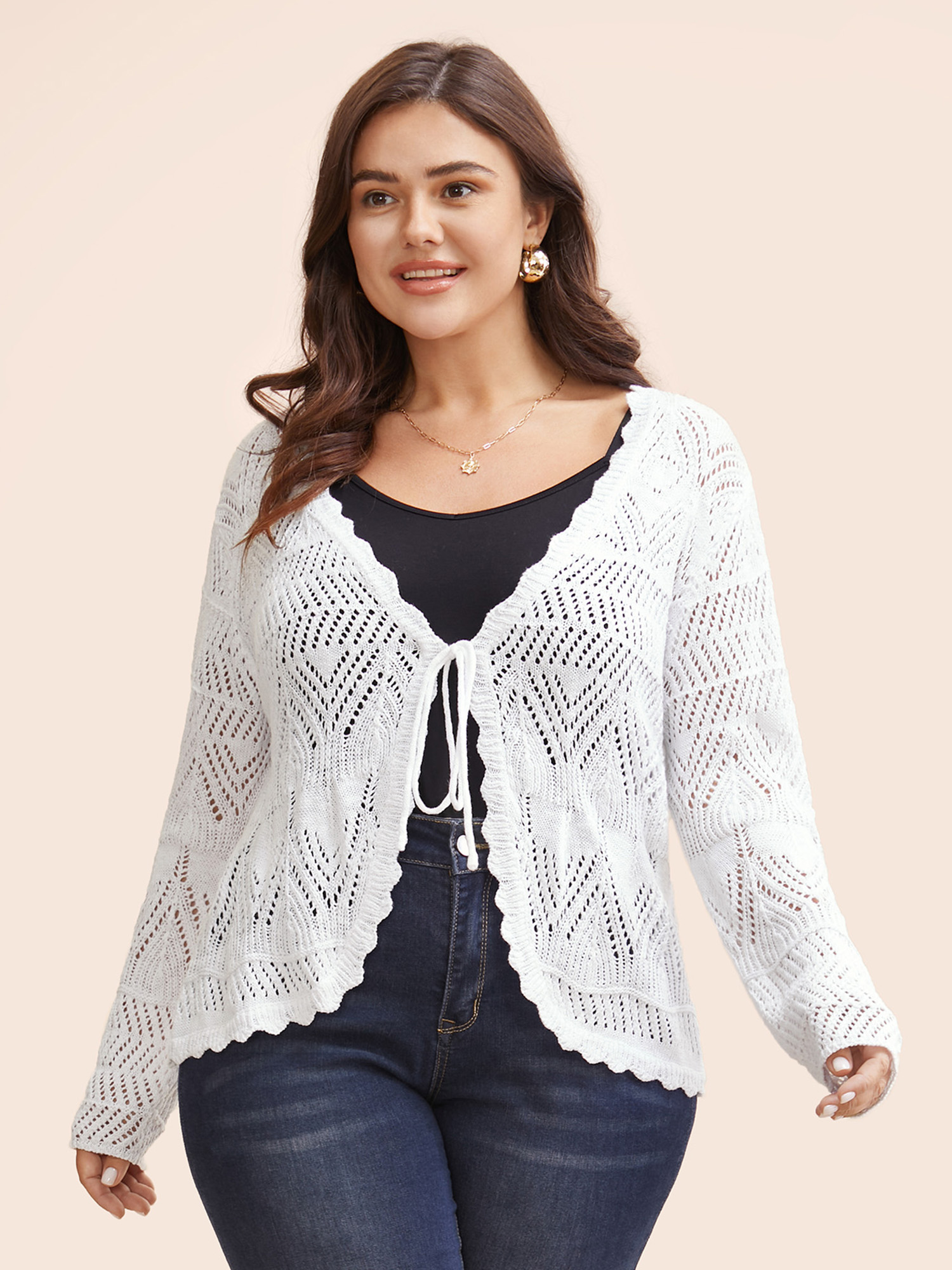 

Plus Size Plain Tie Knot Cut Out Cardigan Originalwhite Women Casual Loose Long Sleeve Everyday Cardigans BloomChic