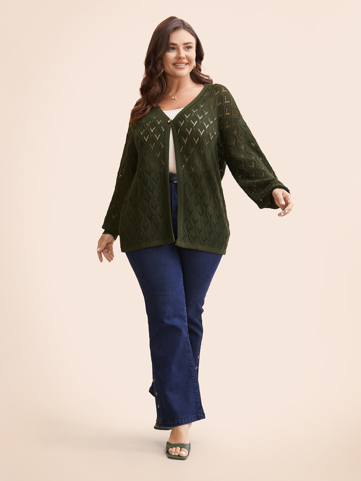 

Plus Size Texture Button Up Hollow Out Cardigan ArmyGreen Women Casual Loose Three Quater Length Sleeve Everyday Cardigans BloomChic