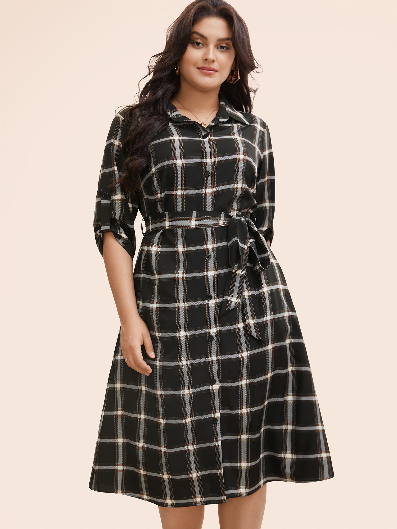 

Plus Size Plaid Shirt Collar Belted Tab Sleeve Dress Black Women Elegant Belted Shirt collar Elbow-length sleeve Curvy BloomChic