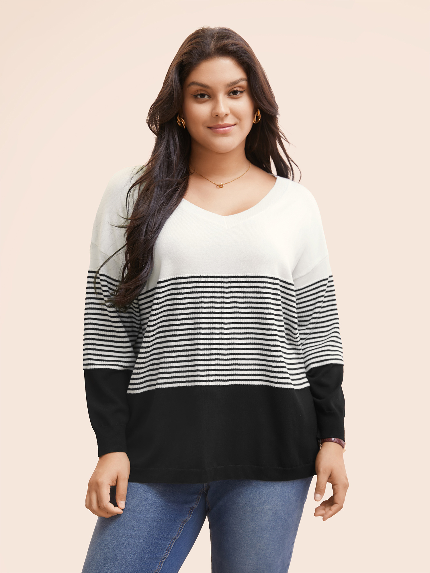 

Plus Size Supersoft Essentials Striped Contrast Pullover Black Women Workwear Essentials Long Sleeve V-neck Work Pullovers BloomChic