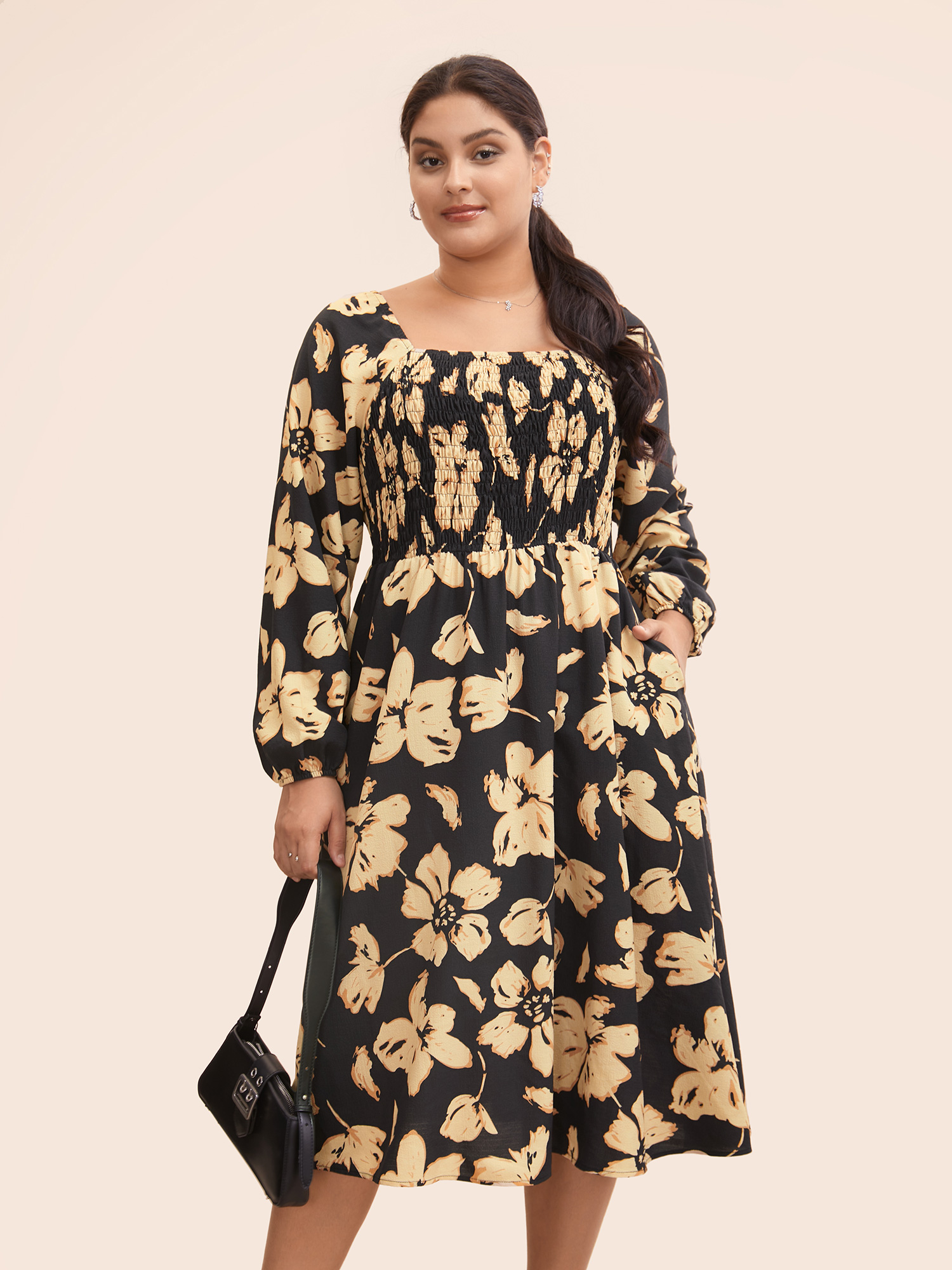 

Plus Size Floral Square Neck Shirred Lantern Sleeve Dress Black Women At the Office Shirred Square Neck Long Sleeve Curvy BloomChic