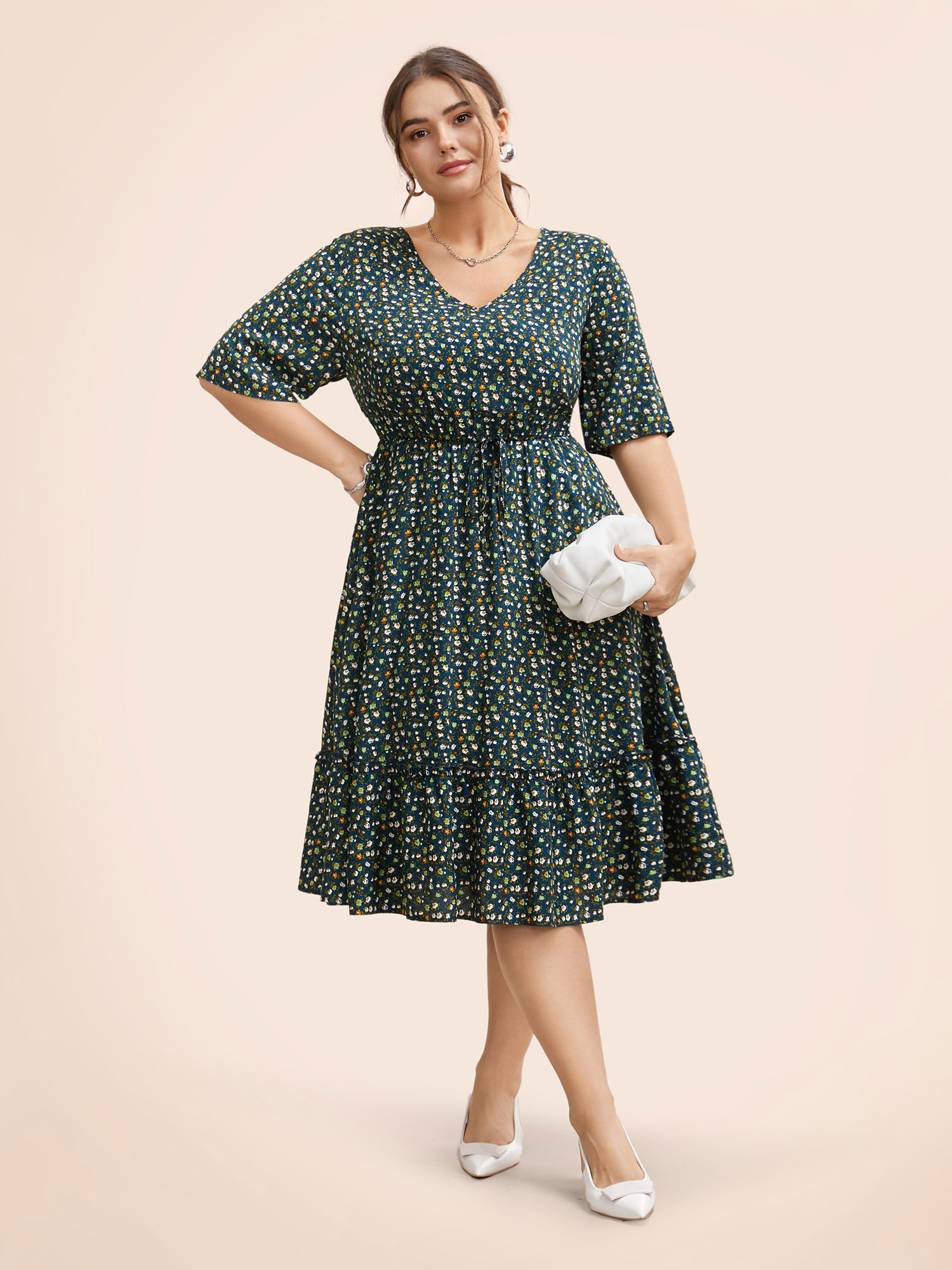 

Plus Size Ditsy Floral Frill Trim Tie Knot Dress Aegean Women At the Office Frill Trim V-neck Half Sleeve Curvy BloomChic