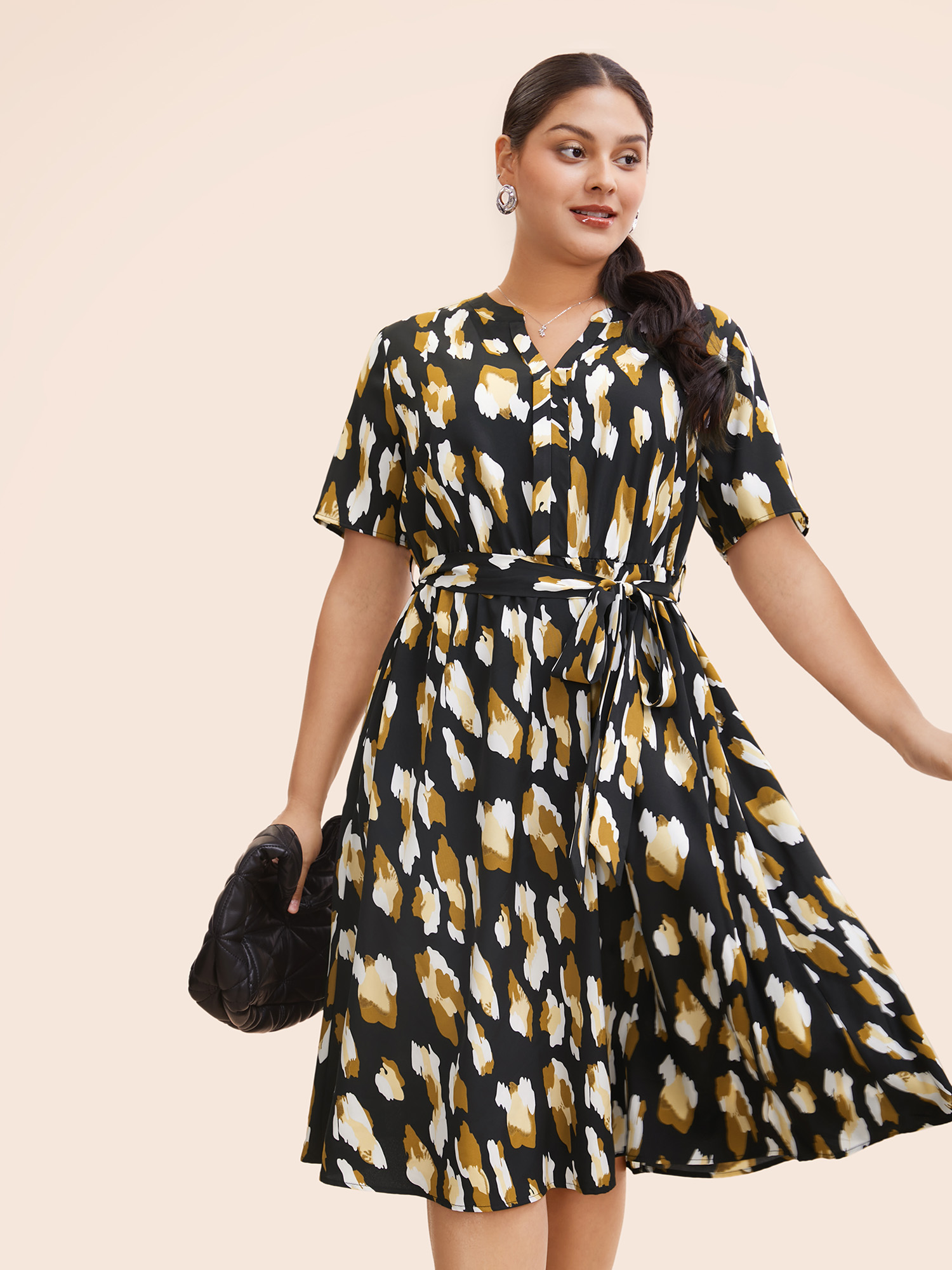 

Plus Size Brush Print Notched Belted Ruffle Sleeve Dress Black Women At the Office Belted Flat collar with V-notch Short sleeve Curvy BloomChic