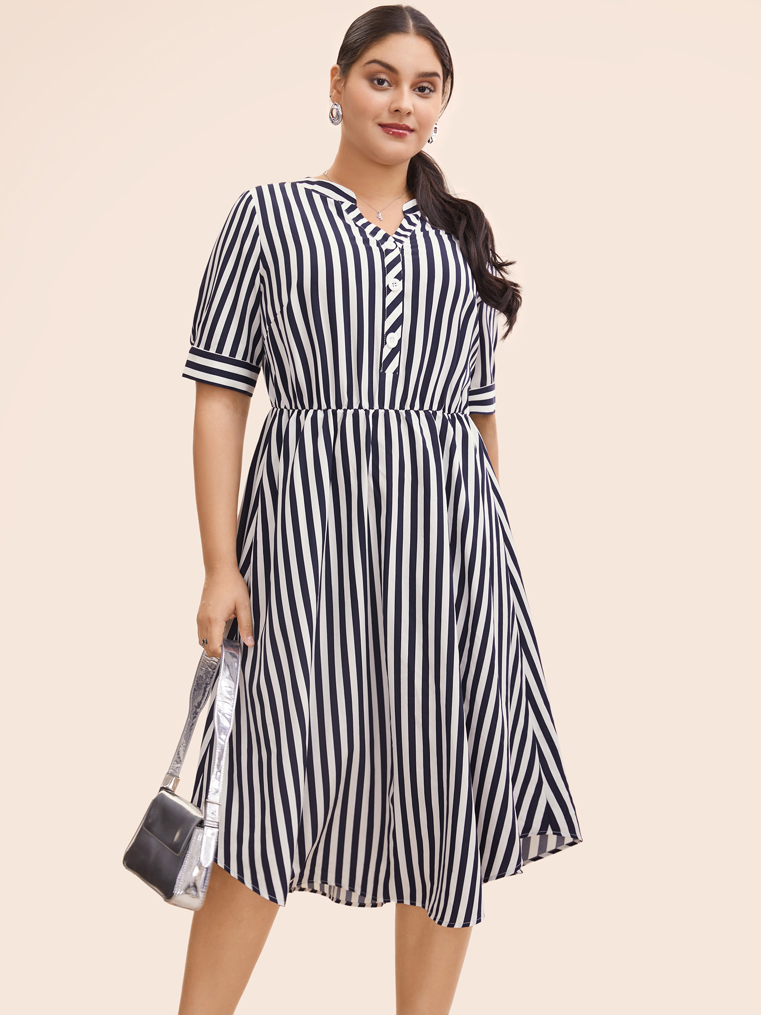 

Plus Size Striped Notched Button Detail Midi Dress Navy Women At the Office Button Flat collar with V-notch Half Sleeve Curvy BloomChic