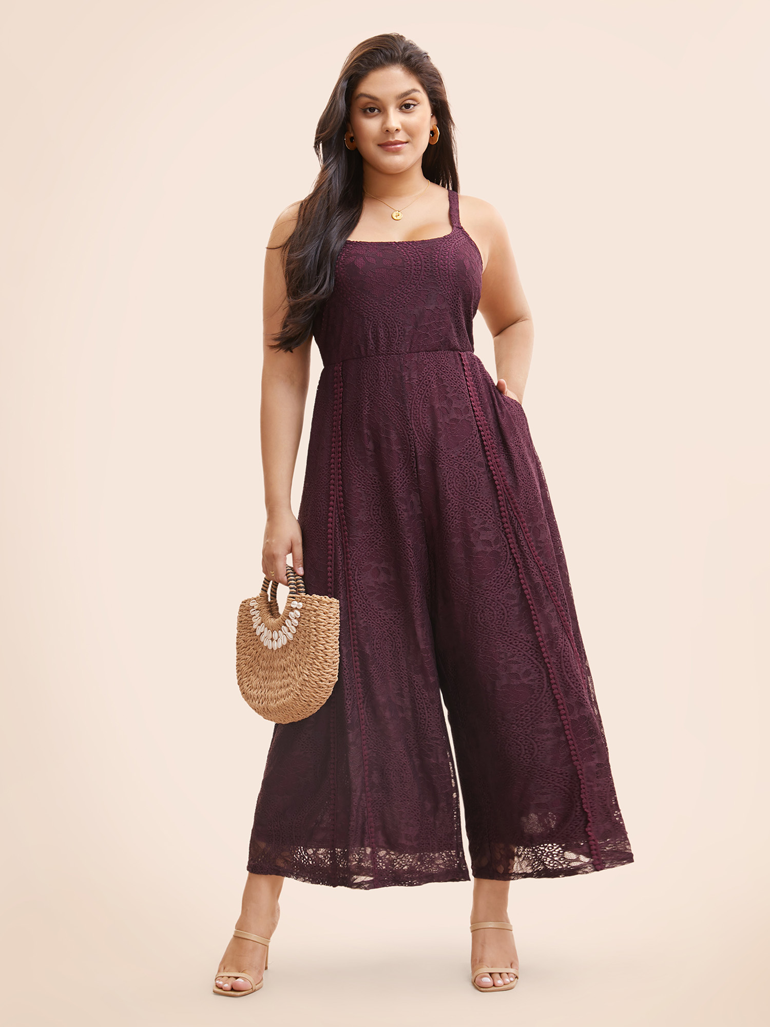 

Plus Size Plum Square Neck Lace Panel Gathered Jumpsuit Women Resort Sleeveless Square Neck Vacation Loose Jumpsuits BloomChic