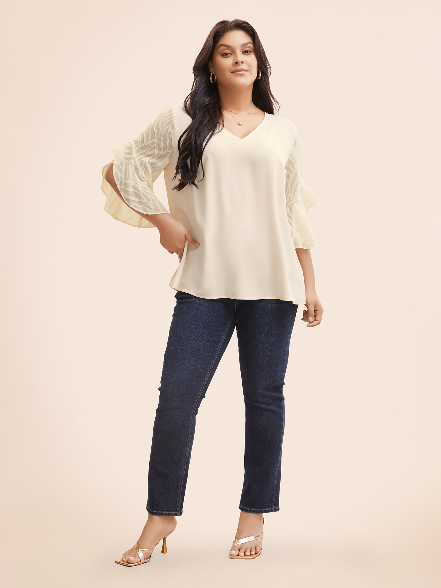 

Plus Size Beige V Neck Mesh Patchwork Flutter Sleeve Blouse Women Elegant Three Quater Length Sleeve V-neck Everyday Blouses BloomChic