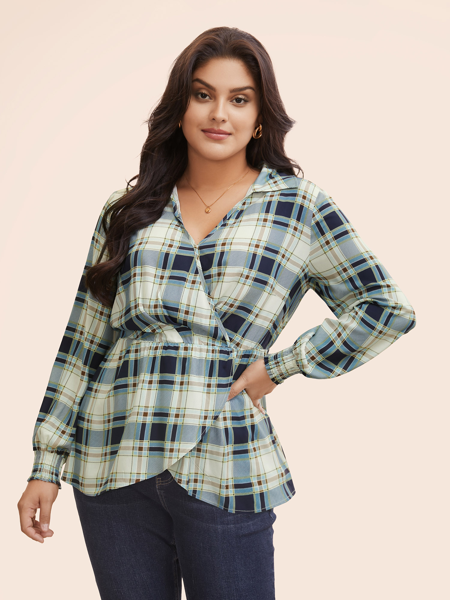 

Plus Size Indigo Plaid Shirt Collar Wrap Shirred Blouse Women Elegant Long Sleeve Shirt collar Everyday Blouses BloomChic