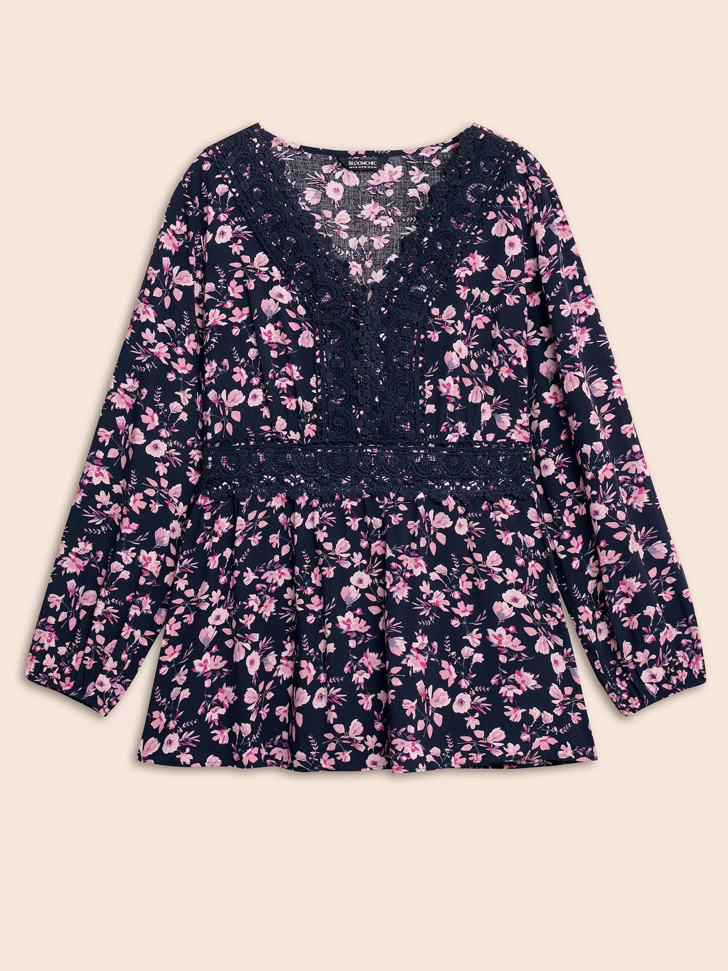 

Plus Size Indigo Floral Lace Panel Lantern Sleeve Blouse Women Elegant Long Sleeve V-neck Everyday Blouses BloomChic