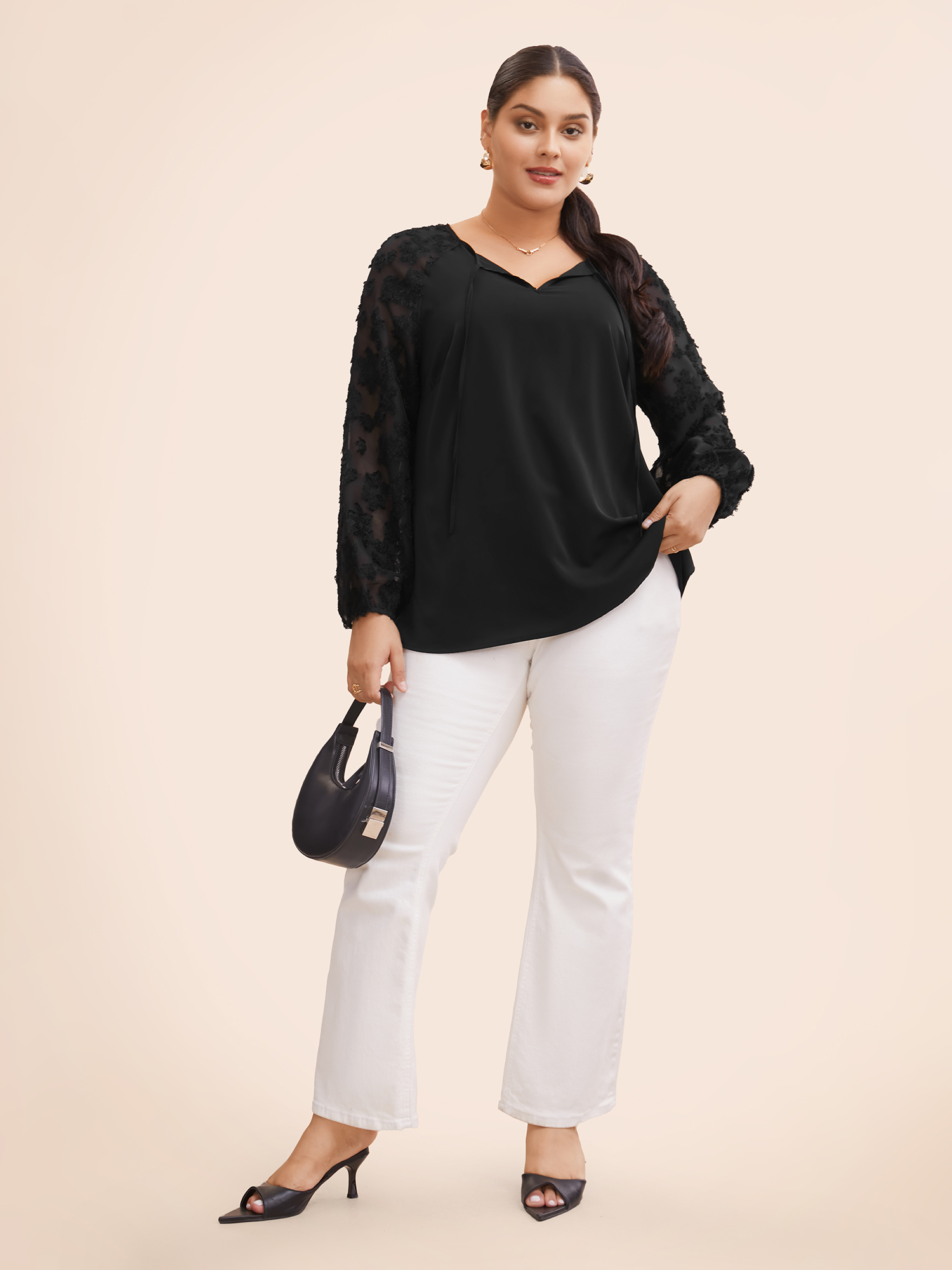 

Plus Size Black Jacquard Patchwork Tie Knot Raglan Sleeve Blouse Women At the Office Long Sleeve V-neck Work Blouses BloomChic