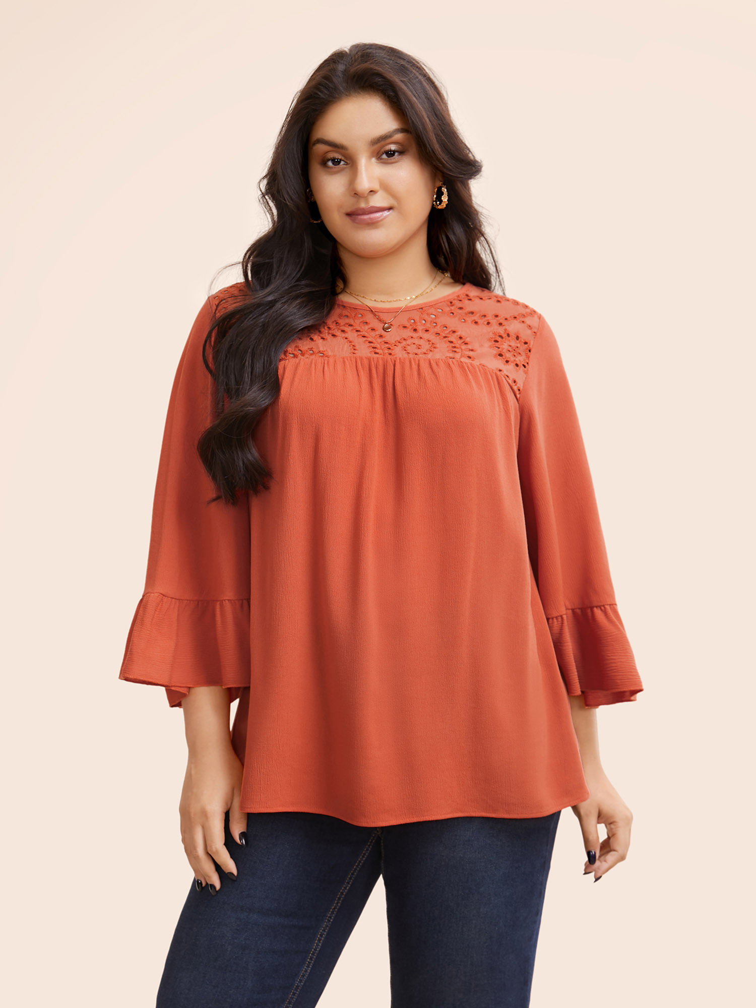 

Plus Size Coral Broderie Anglaise Patchwork Ruffle Sleeve Blouse Women Elegant Elbow-length sleeve Round Neck Everyday Blouses BloomChic