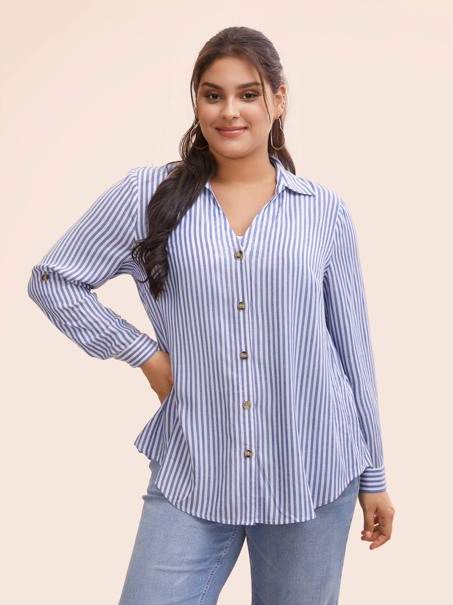 

Plus Size LightBlue Shirt Collar Striped Tab Sleeve Blouse Women Casual Long Sleeve Shirt collar Everyday Blouses BloomChic