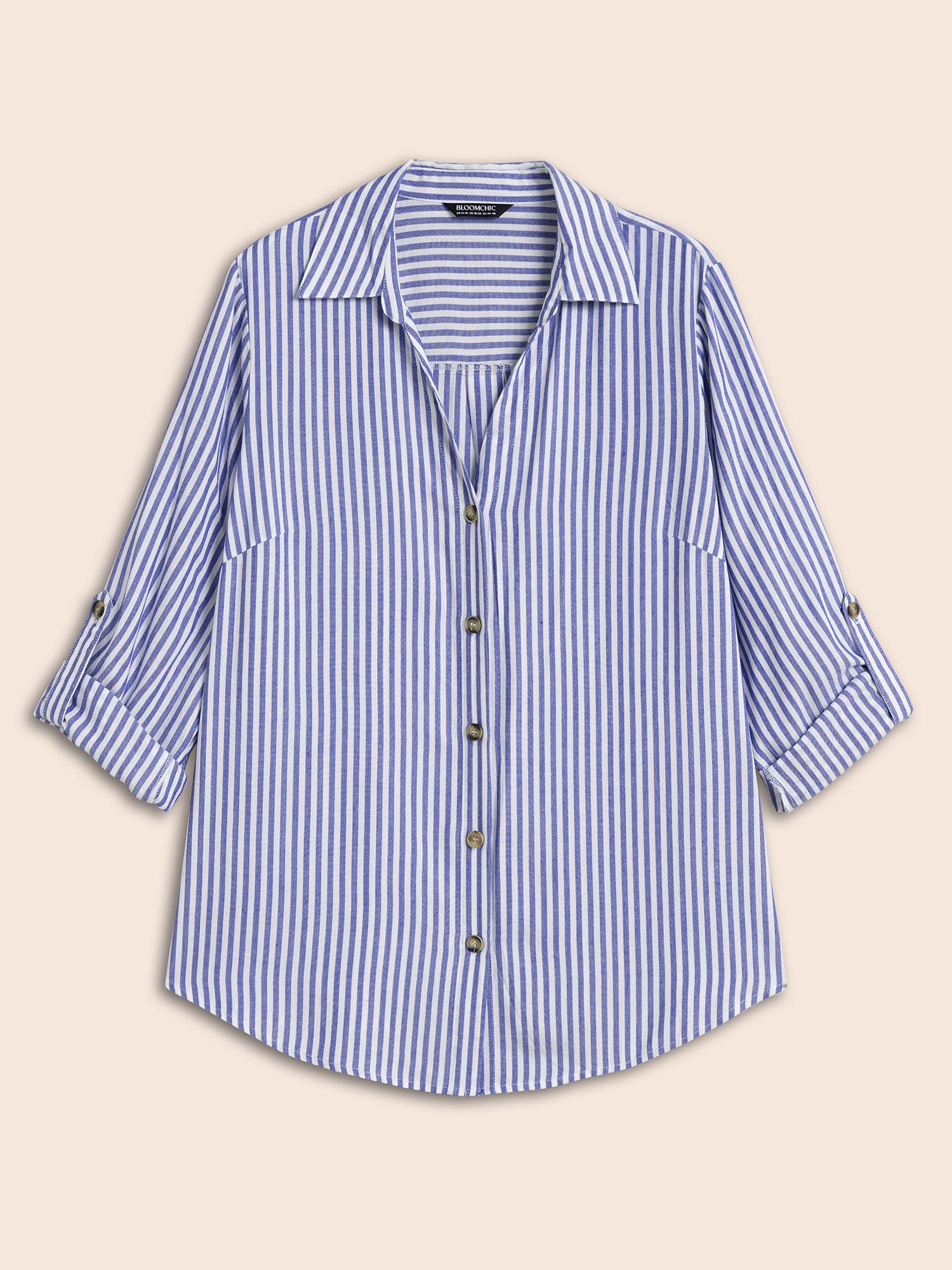 

Shirt Collar Striped Tab Sleeve Blouse, Lightblue