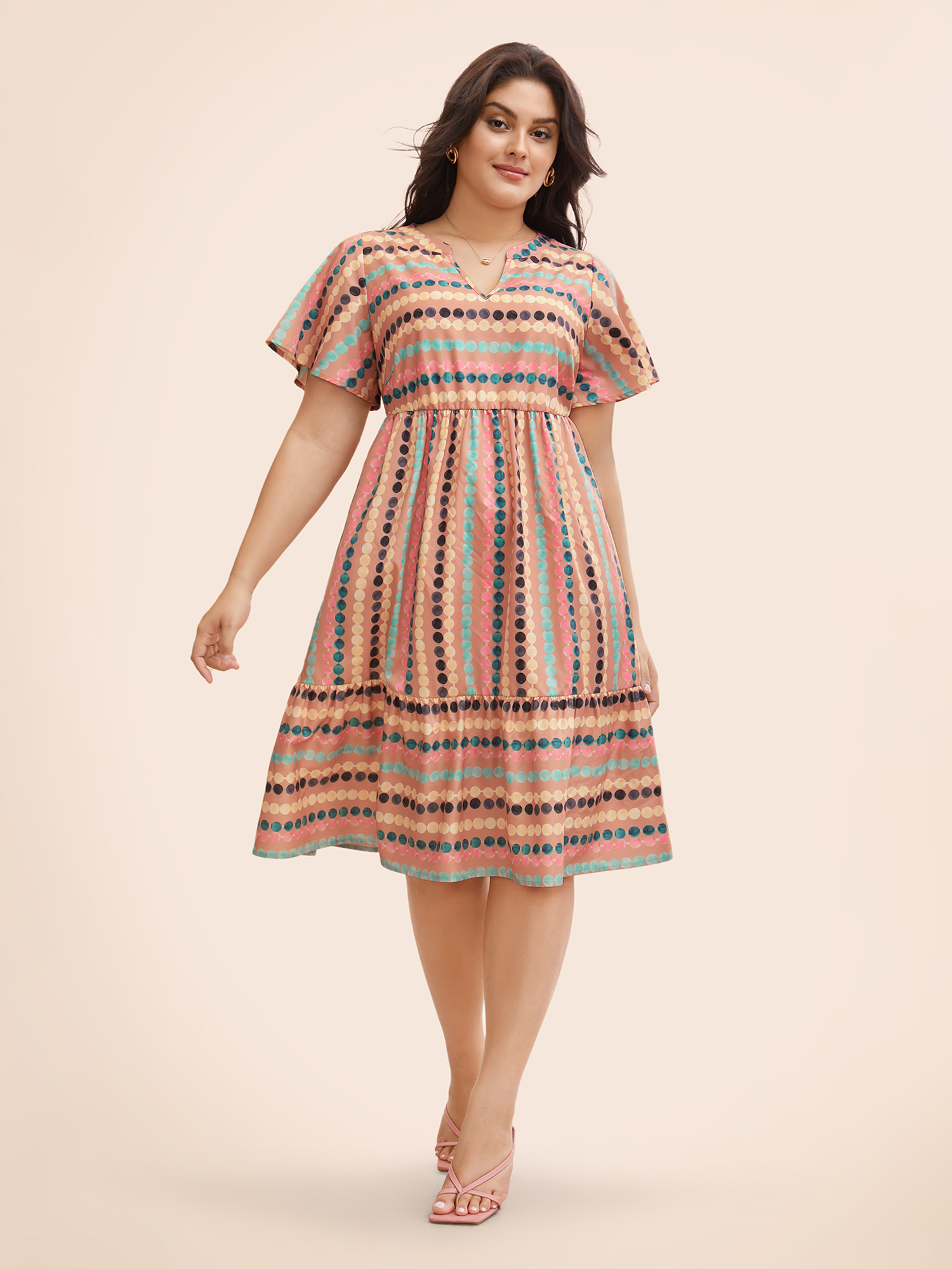 

Plus Size Dot Print Elastic Waist Split Neck Midi Dress Coral Women Casual Ruffles Flat collar with V-notch Short sleeve Curvy BloomChic