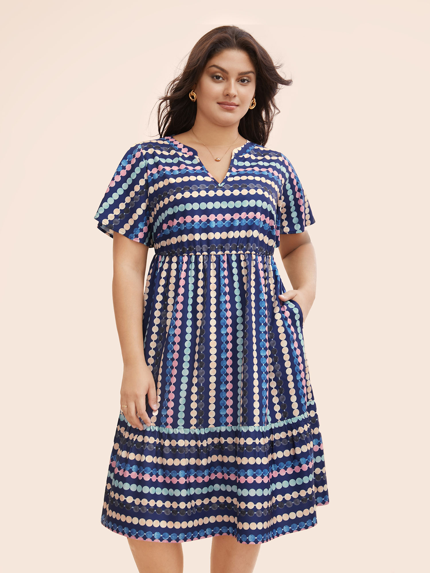 

Plus Size Dot Print Elastic Waist Split Neck Midi Dress Indigo Women Casual Ruffles Flat collar with V-notch Short sleeve Curvy BloomChic