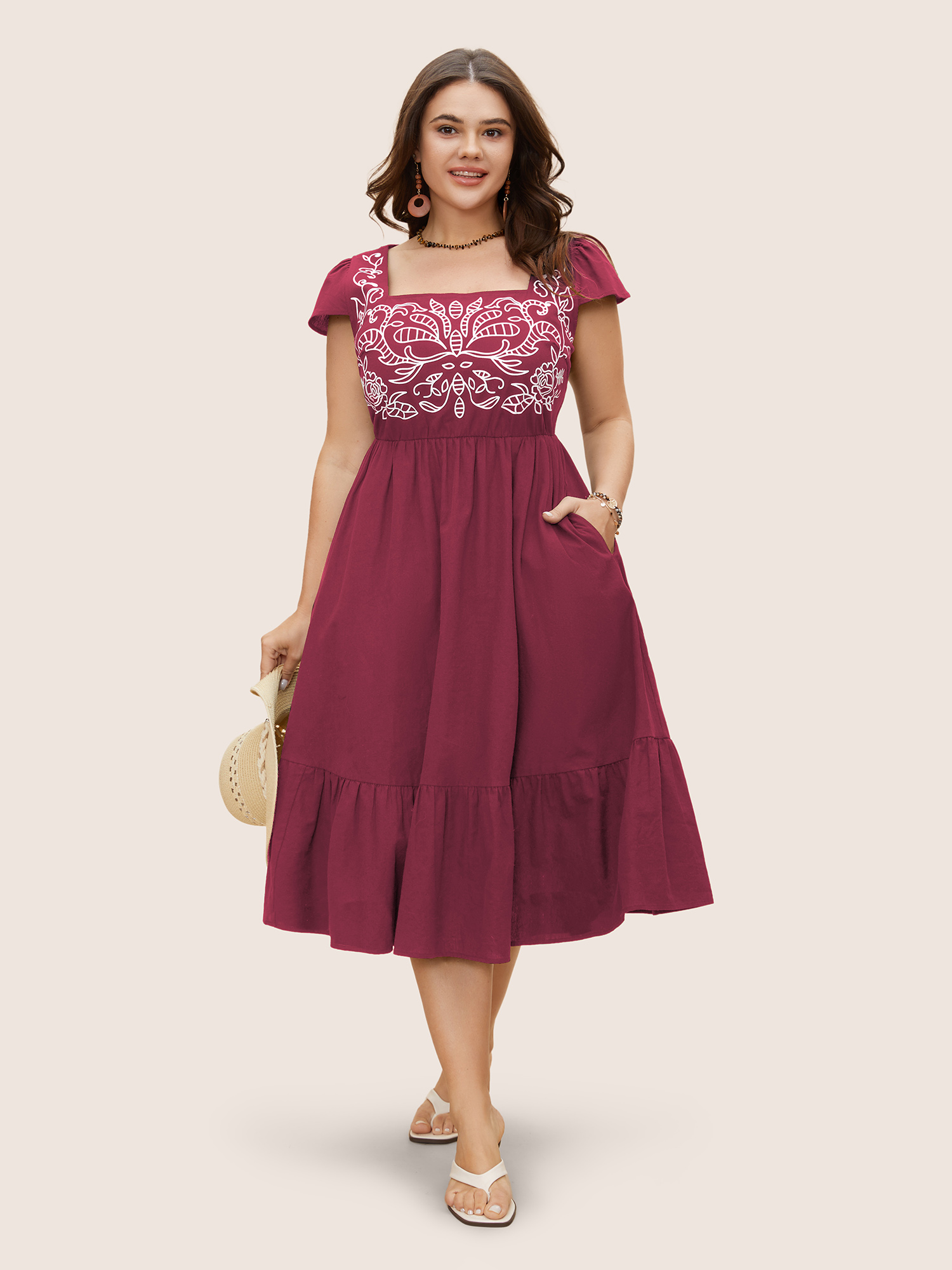 

Plus Size Square Neck Bandana Print Cap Sleeve Dress Burgundy Women Resort Ruffles Square Neck Cap Sleeve Curvy BloomChic