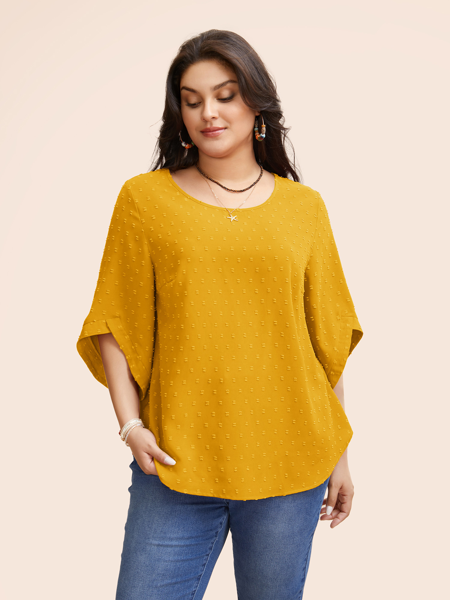 

Plus Size Lemonyellow Textured Round Neck Bell Sleeve Blouse Women Elegant Elbow-length sleeve Round Neck Everyday Blouses BloomChic