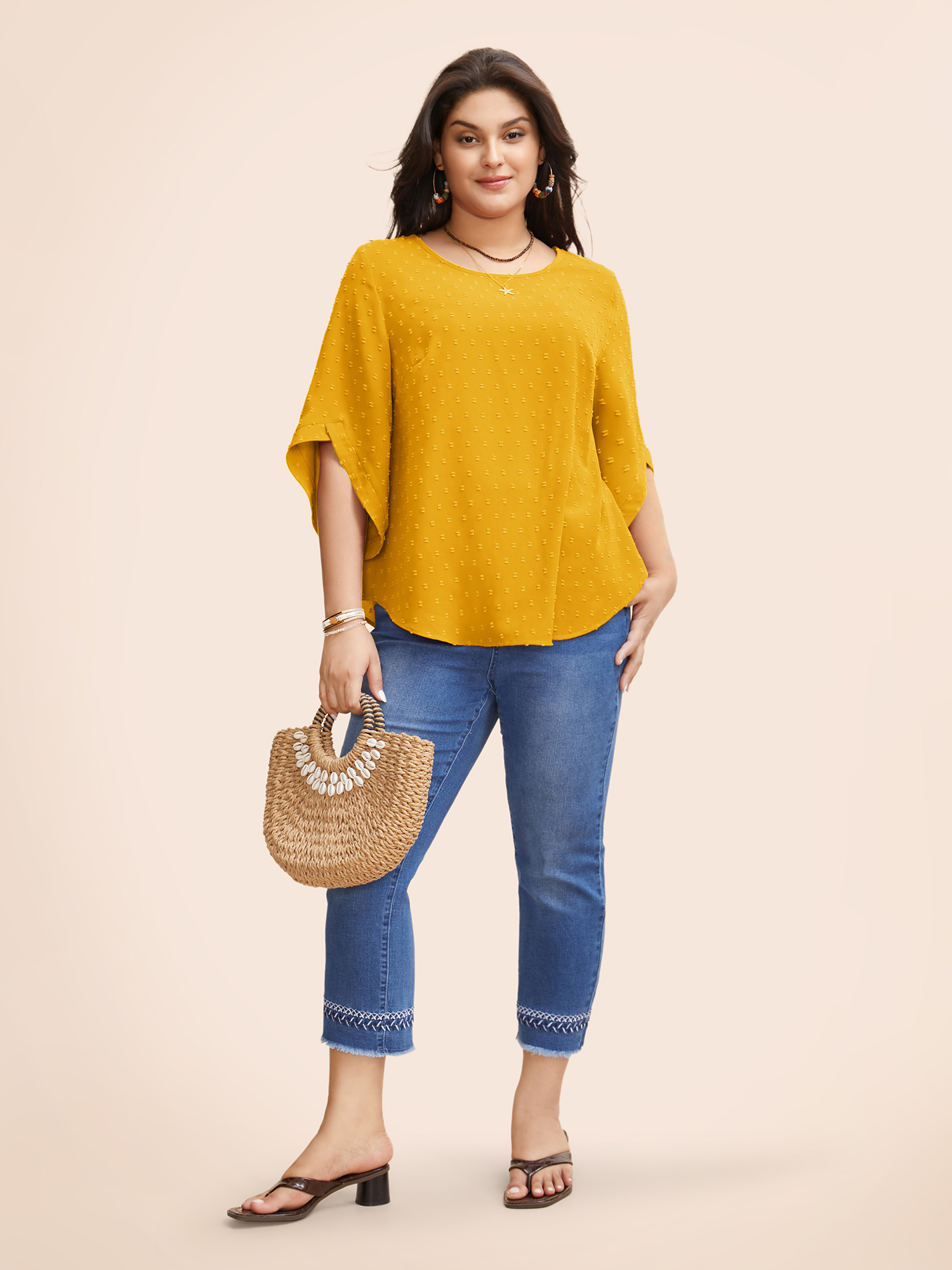 Plus Size Lemonyellow Textured Round Neck Bell Sleeve Blouse Women Elegant Elbow-length sleeve Round Neck Everyday Blouses BloomChic 10/M 