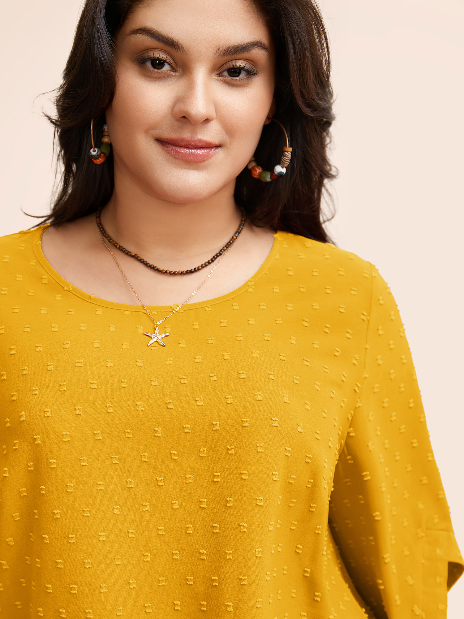 Plus Size Lemonyellow Textured Round Neck Bell Sleeve Blouse Women Elegant Elbow-length sleeve Round Neck Everyday Blouses BloomChic 10/M 