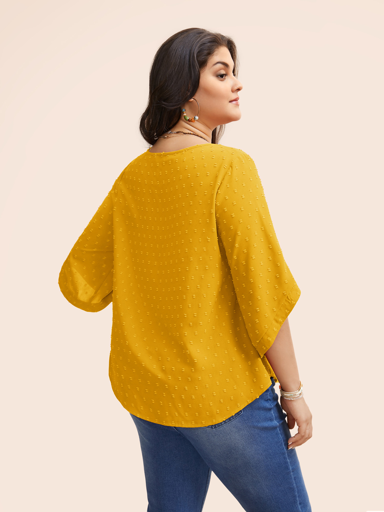 Plus Size Lemonyellow Textured Round Neck Bell Sleeve Blouse Women Elegant Elbow-length sleeve Round Neck Everyday Blouses BloomChic 10/M 