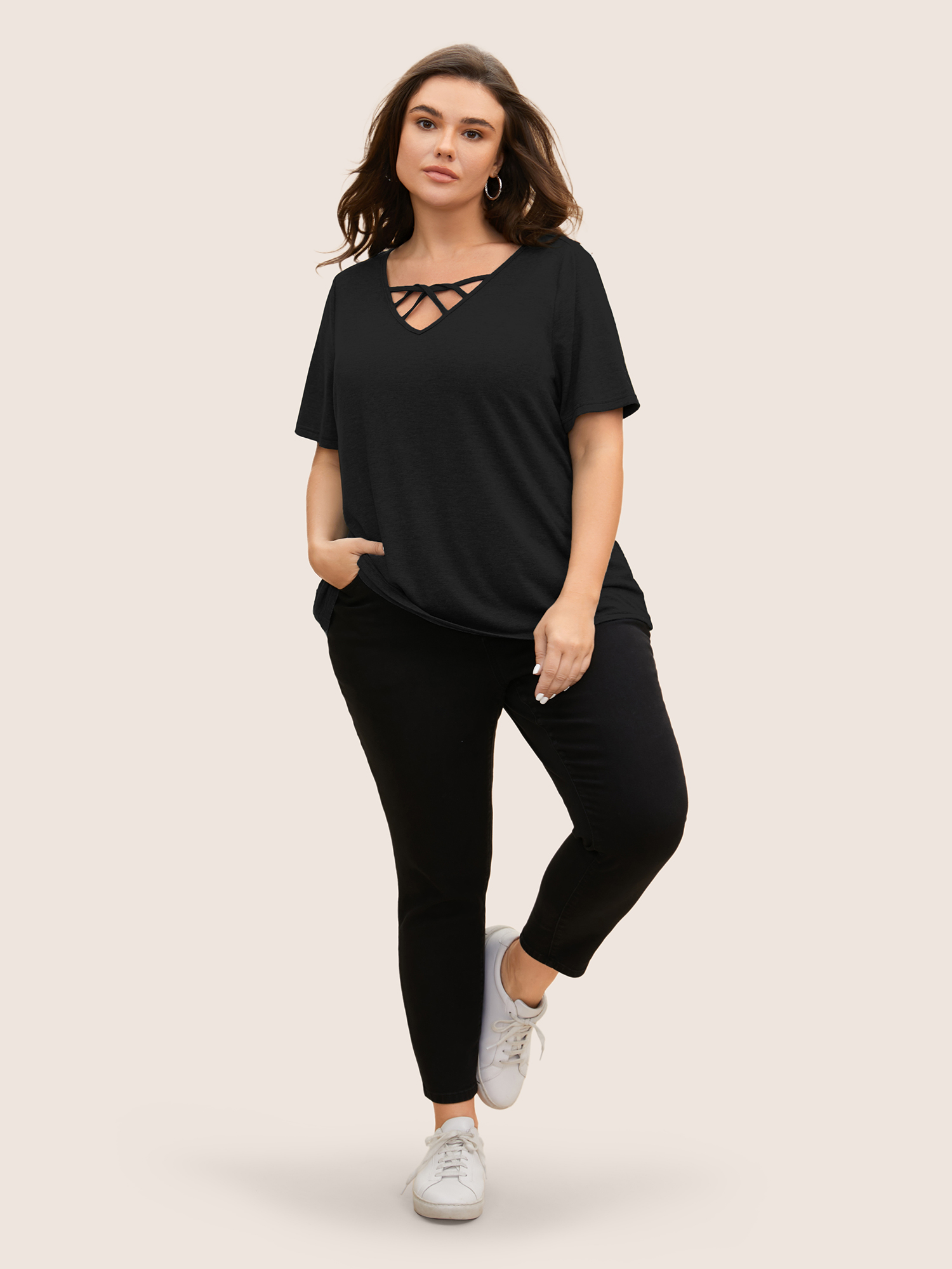 Plus Size Solid Heather Crisscross Medium Stretch T-shirt Black Women Casual Cut-Out V-neck Everyday T-shirts BloomChic 14-16/1X 