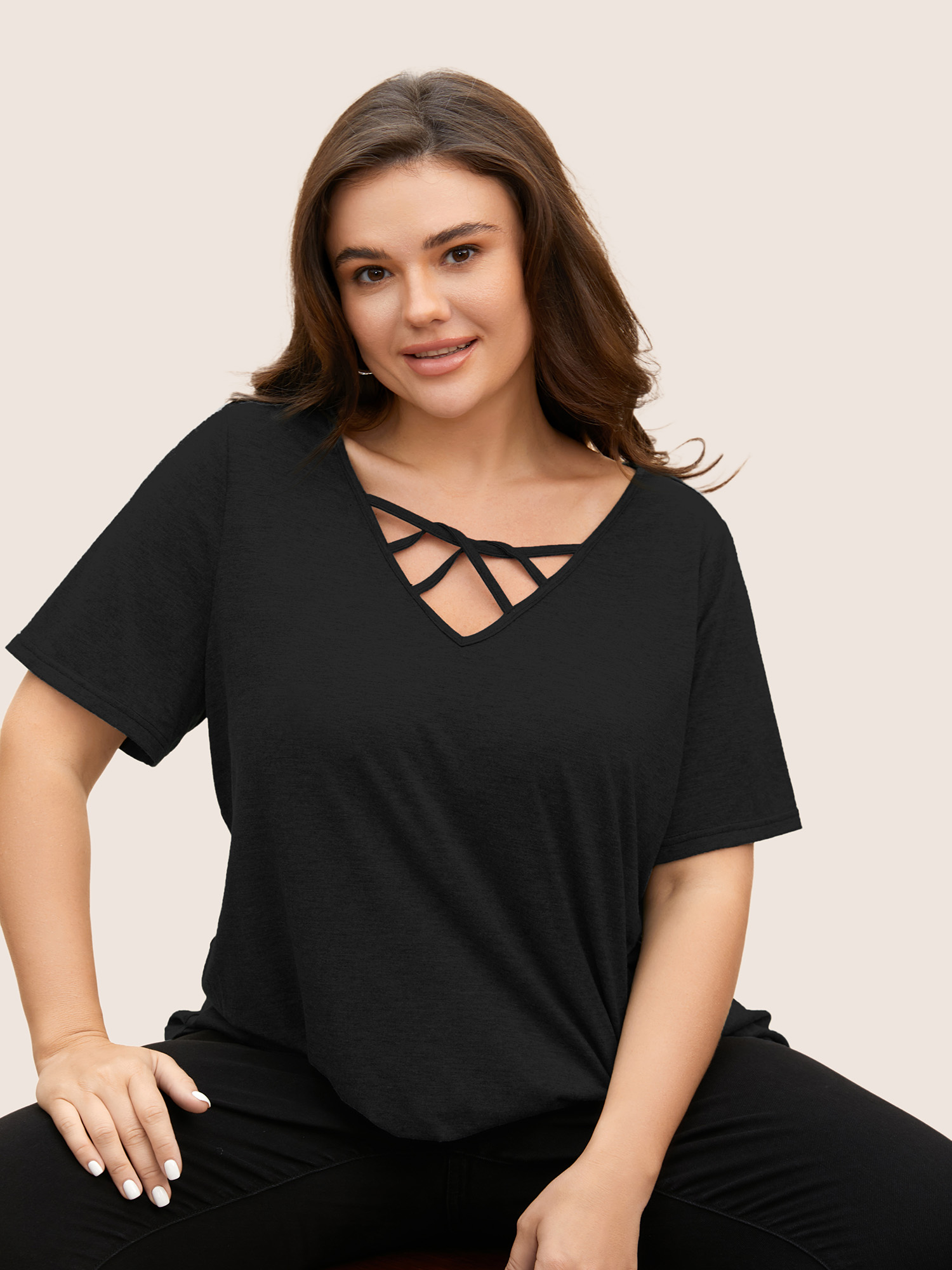 Plus Size Solid Heather Crisscross Medium Stretch T-shirt Black Women Casual Cut-Out V-neck Everyday T-shirts BloomChic 14-16/1X 