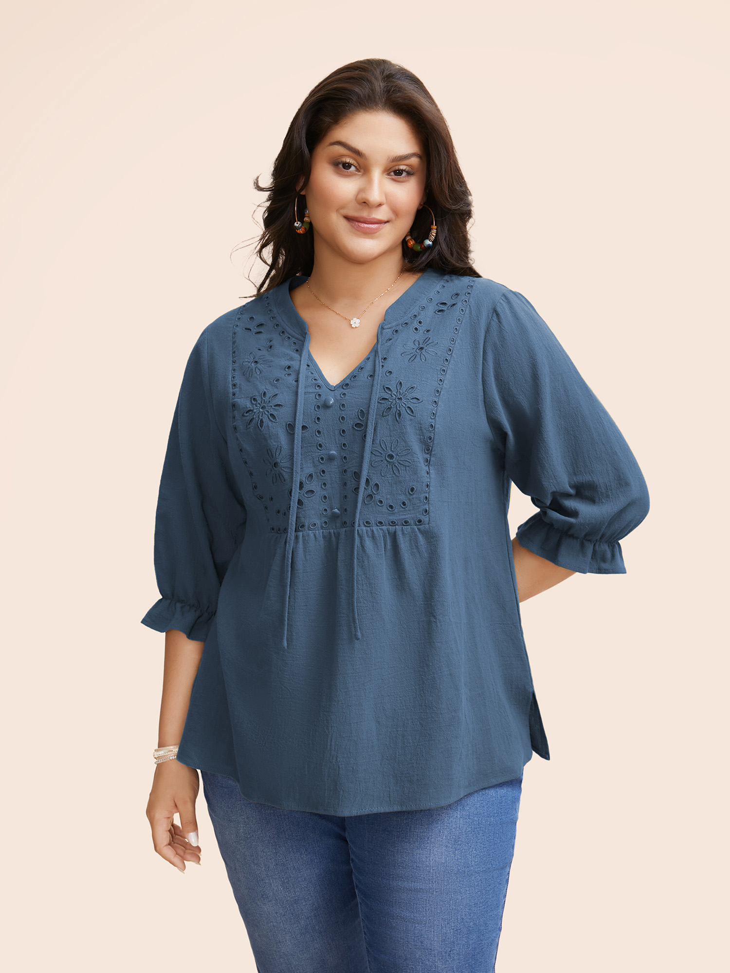 

Plus Size Aegean Broderie Anglaise Tie Knot Lantern Sleeve Blouse Women Resort Elbow-length sleeve Notched collar Vacation Blouses BloomChic