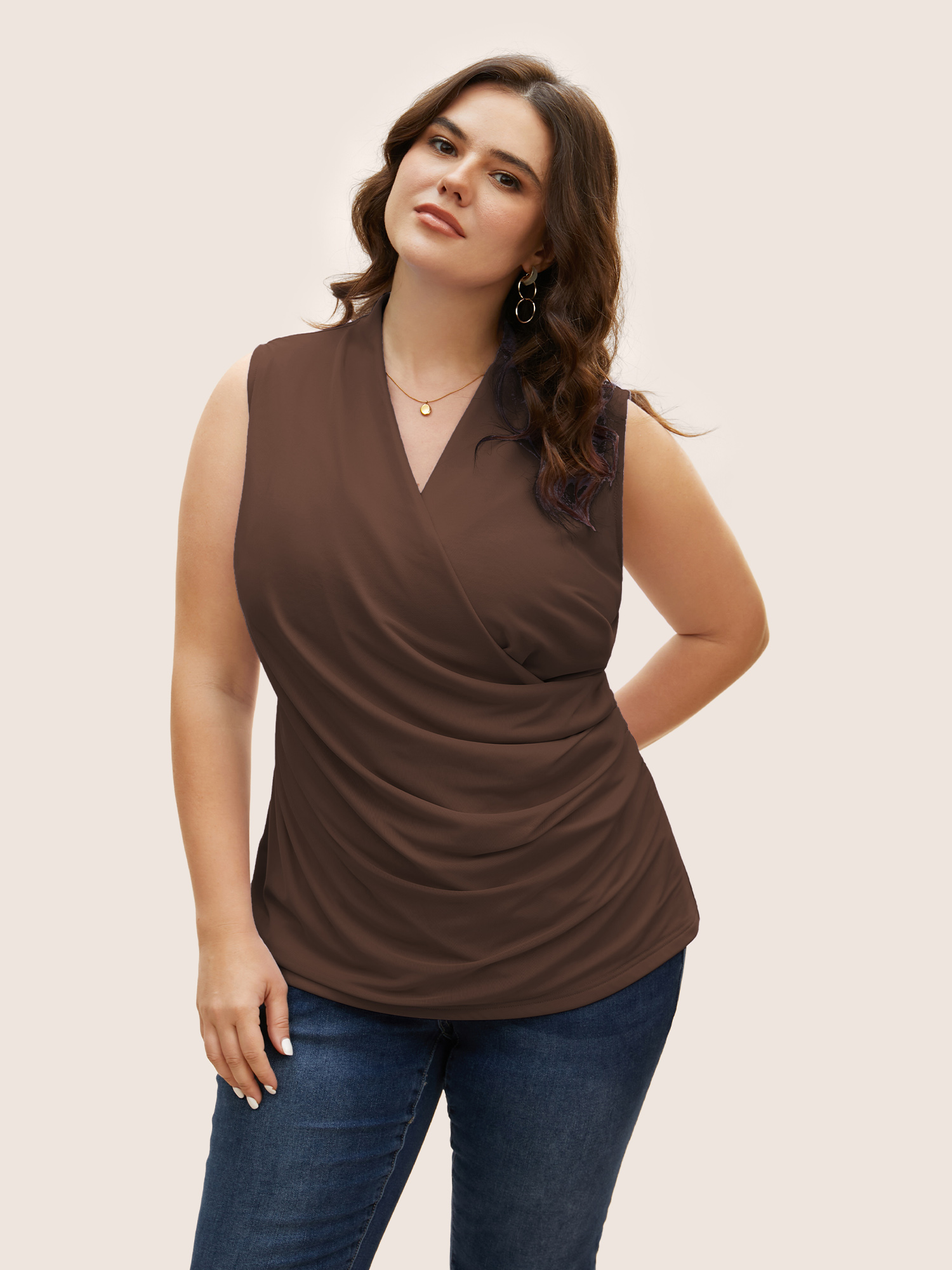 

Plus Size Overlap Collar Solid Pleated Tank Top Women DarkBrown Elegant Pleated Overlap Collar Everyday Tank Tops Camis BloomChic