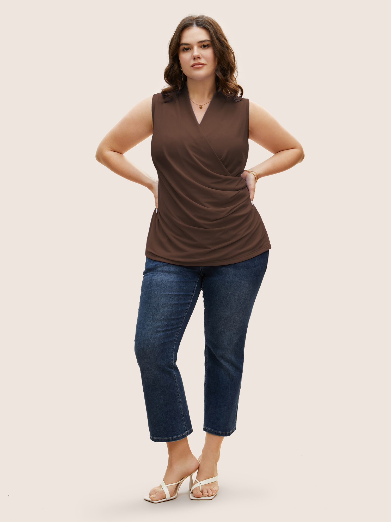 Plus Size Overlap Collar Solid Pleated Tank Top Women DarkBrown Elegant Pleated Overlap Collar Everyday Tank Tops Camis BloomChic 14-16/1X 