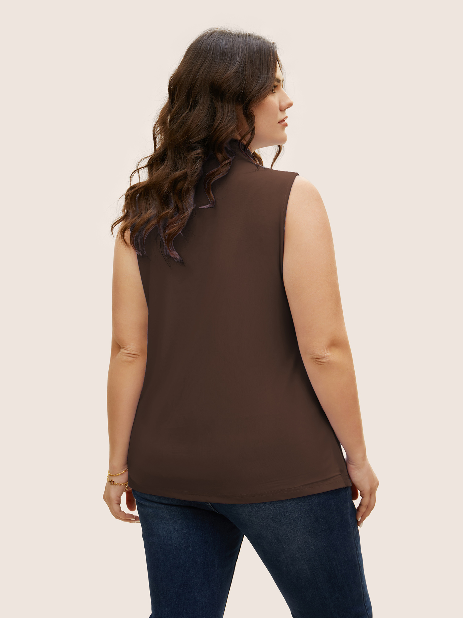 Plus Size Overlap Collar Solid Pleated Tank Top Women DarkBrown Elegant Pleated Overlap Collar Everyday Tank Tops Camis BloomChic 14-16/1X 