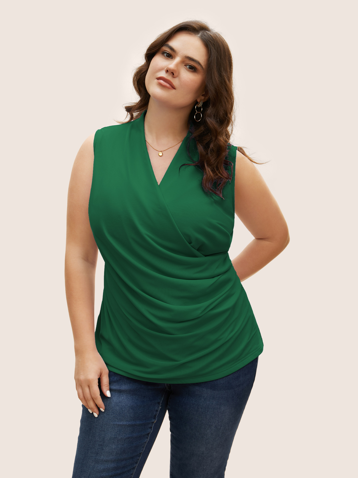 

Plus Size Overlap Collar Solid Pleated Tank Top Women DarkGreen Elegant Pleated Overlap Collar Everyday Tank Tops Camis BloomChic