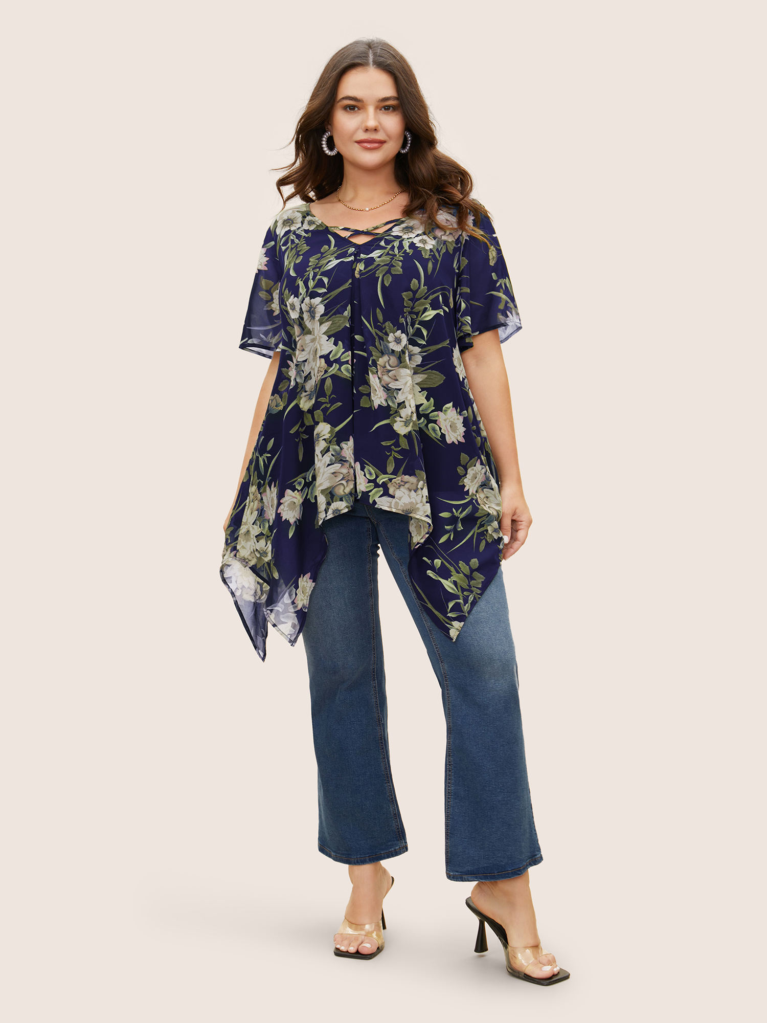 

Plus Size DarkBlue Chiffon Floral Crisscross Hanky Hem Blouse Women Elegant Short sleeve V-neck Everyday Blouses BloomChic