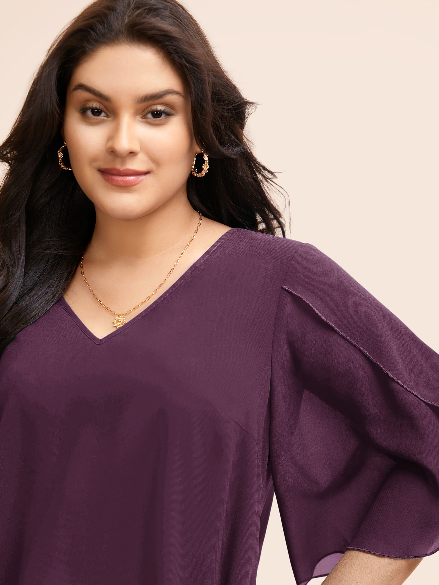 

Plus Size Deeppurplered Chiffon Gathered Petal Sleeve Blouse Women Elegant Elbow-length sleeve V-neck Everyday Blouses BloomChic