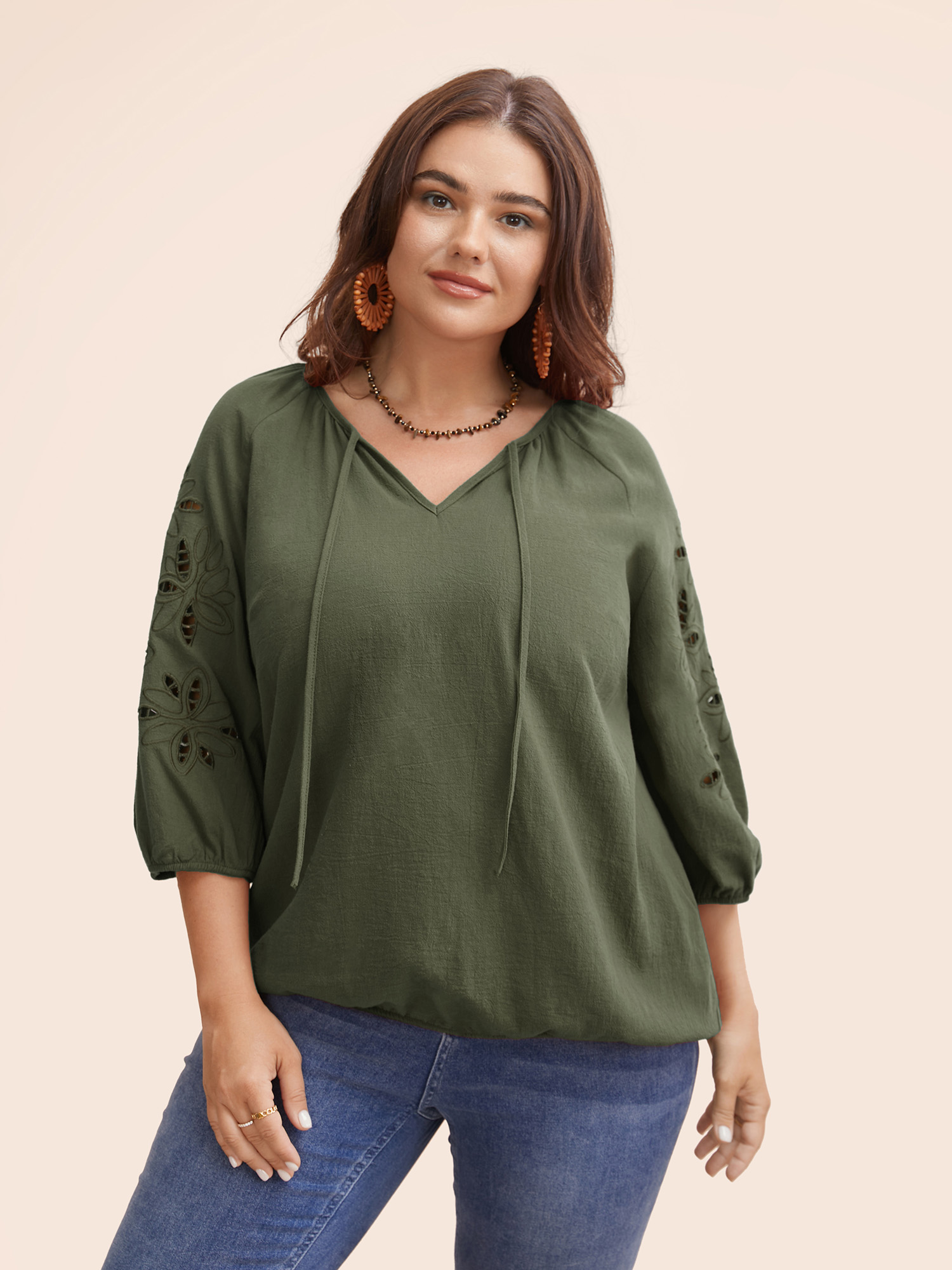 

Plus Size ArmyGreen Broderie Anglaise Gathered Tie Knot Blouse Women Resort Elbow-length sleeve Round Neck Vacation Blouses BloomChic