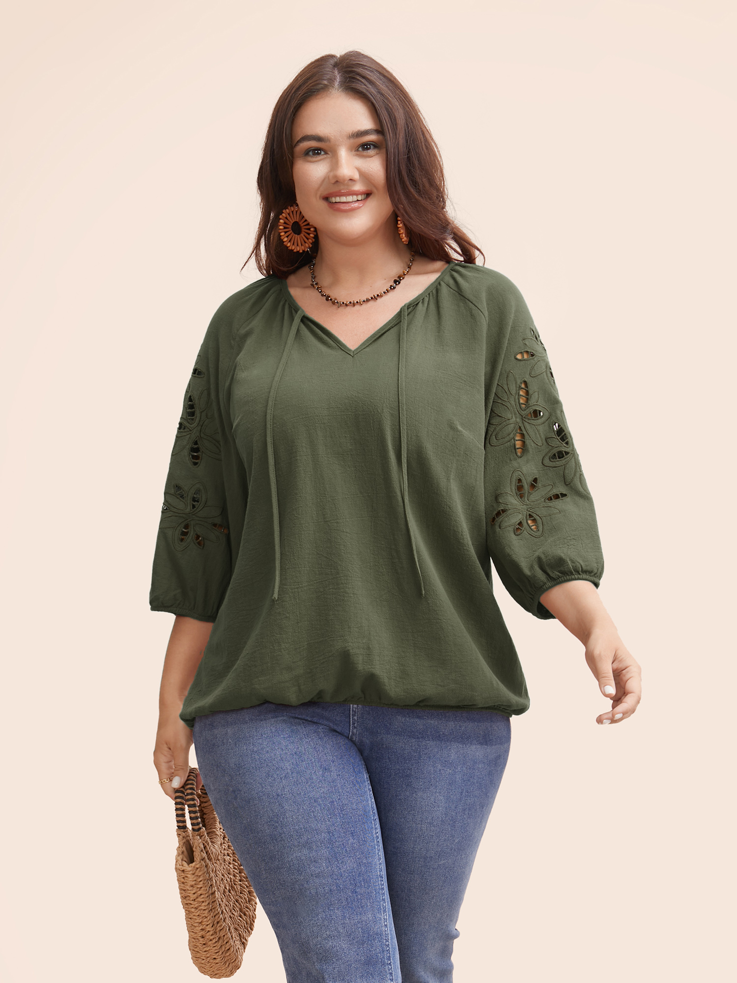 

Plus Size ArmyGreen Broderie Anglaise Gathered Tie Knot Blouse Women Resort Elbow-length sleeve Round Neck Vacation Blouses BloomChic