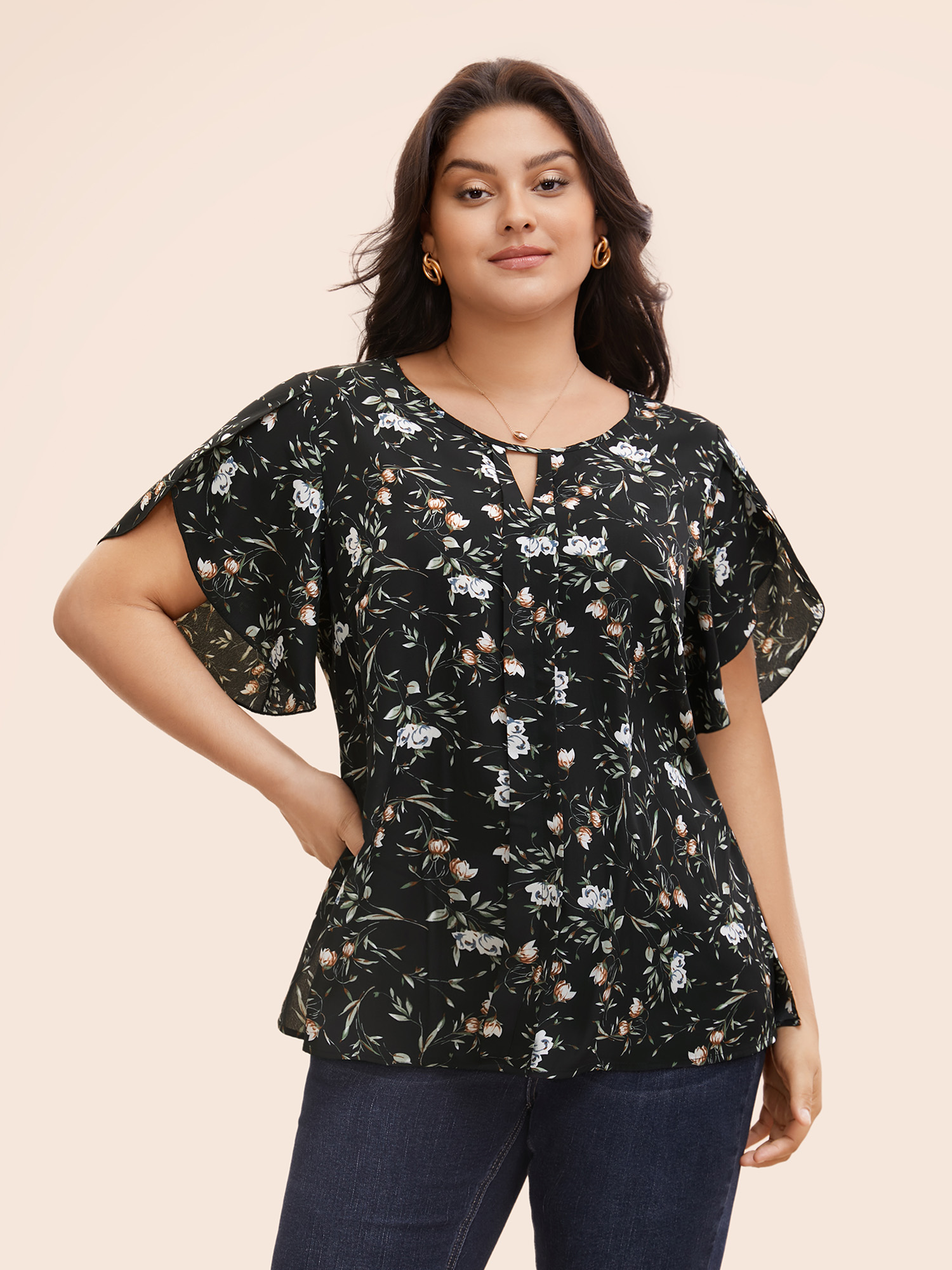 

Plus Size Black Floral Keyhole Petal Sleeve Split Side Blouse Women Elegant Short sleeve Round Neck Everyday Blouses BloomChic