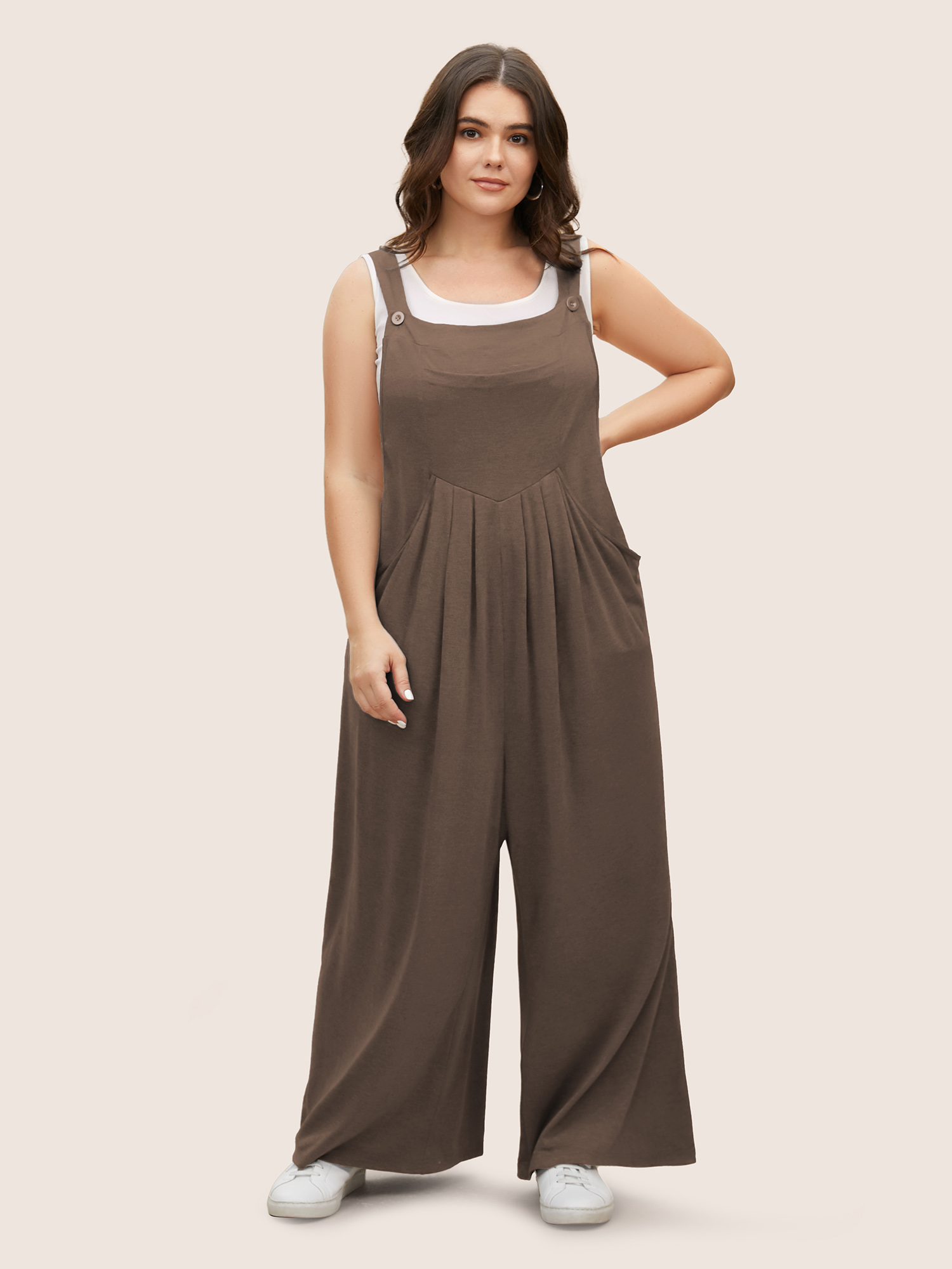 

Plus Size Yellowishbrown Supersoft Essentials Solid Pleated Pocket Jumpsuit Women Casual Sleeveless Non Everyday Loose Jumpsuits BloomChic