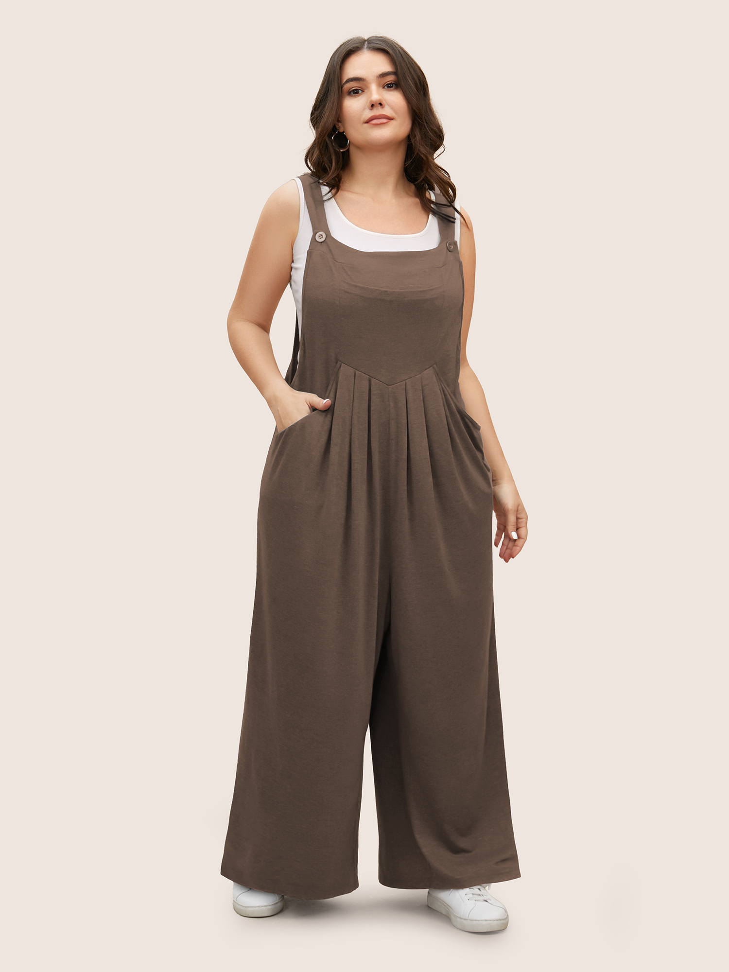 Plus Size Yellowishbrown Supersoft Essentials Solid Pleated Pocket Jumpsuit Women Casual Sleeveless Non Everyday Loose Jumpsuits BloomChic 10/M 