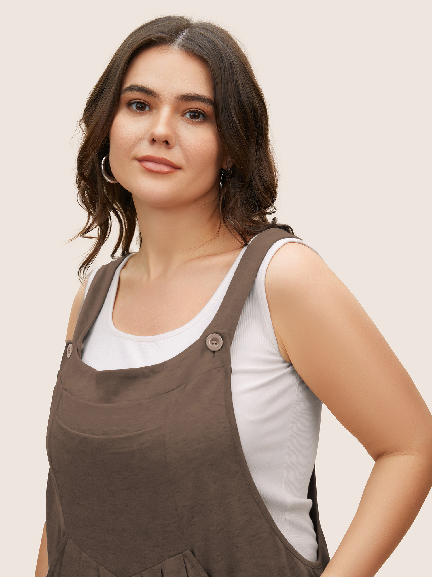 Plus Size Yellowishbrown Supersoft Essentials Solid Pleated Pocket Jumpsuit Women Casual Sleeveless Non Everyday Loose Jumpsuits BloomChic 10/M 