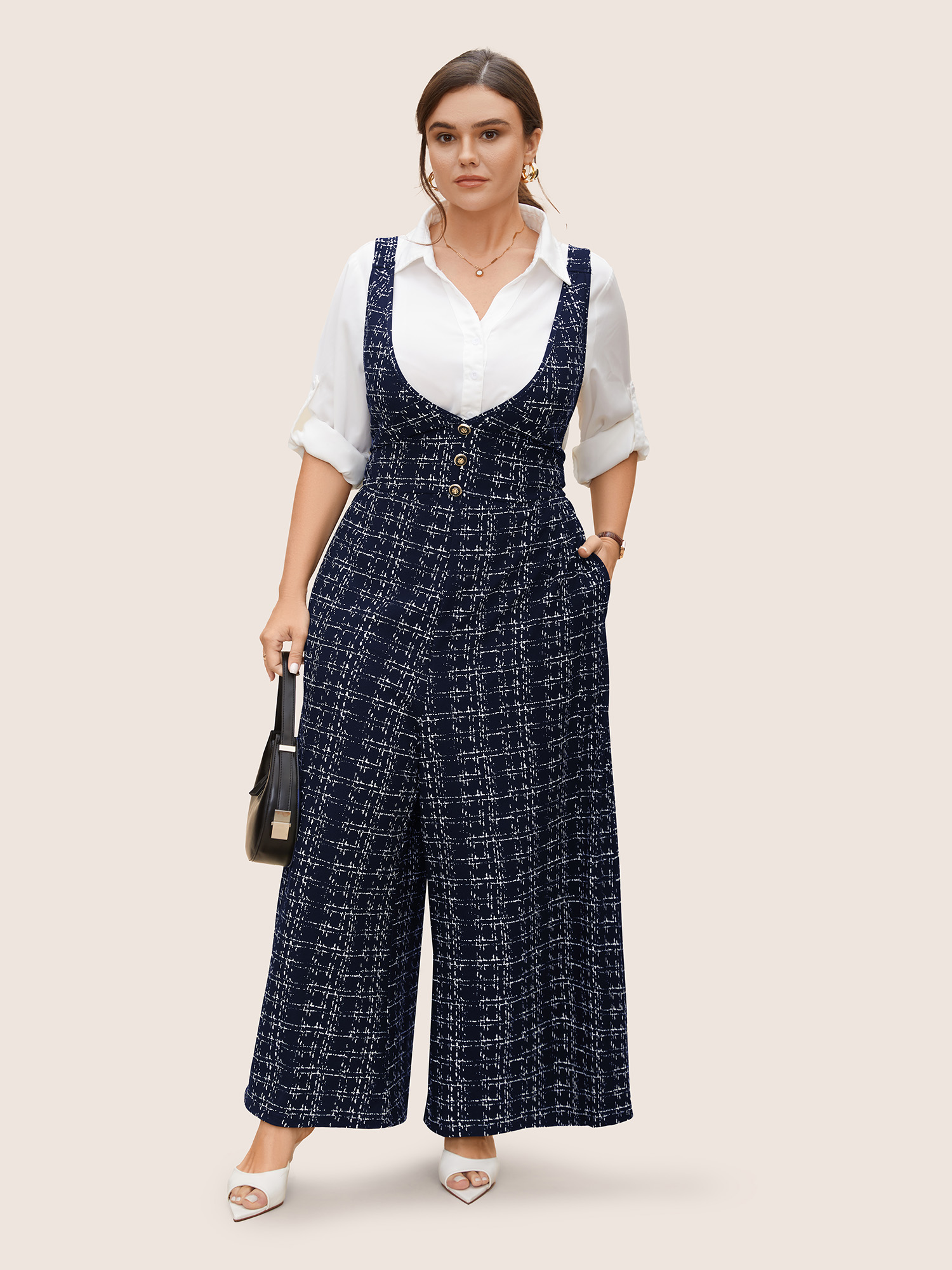 

Plus Size DarkBlue Plaid Tweed Crisscross Back Button Detail Jumpsuit Women Work From Home Sleeveless Non Work Loose Jumpsuits BloomChic