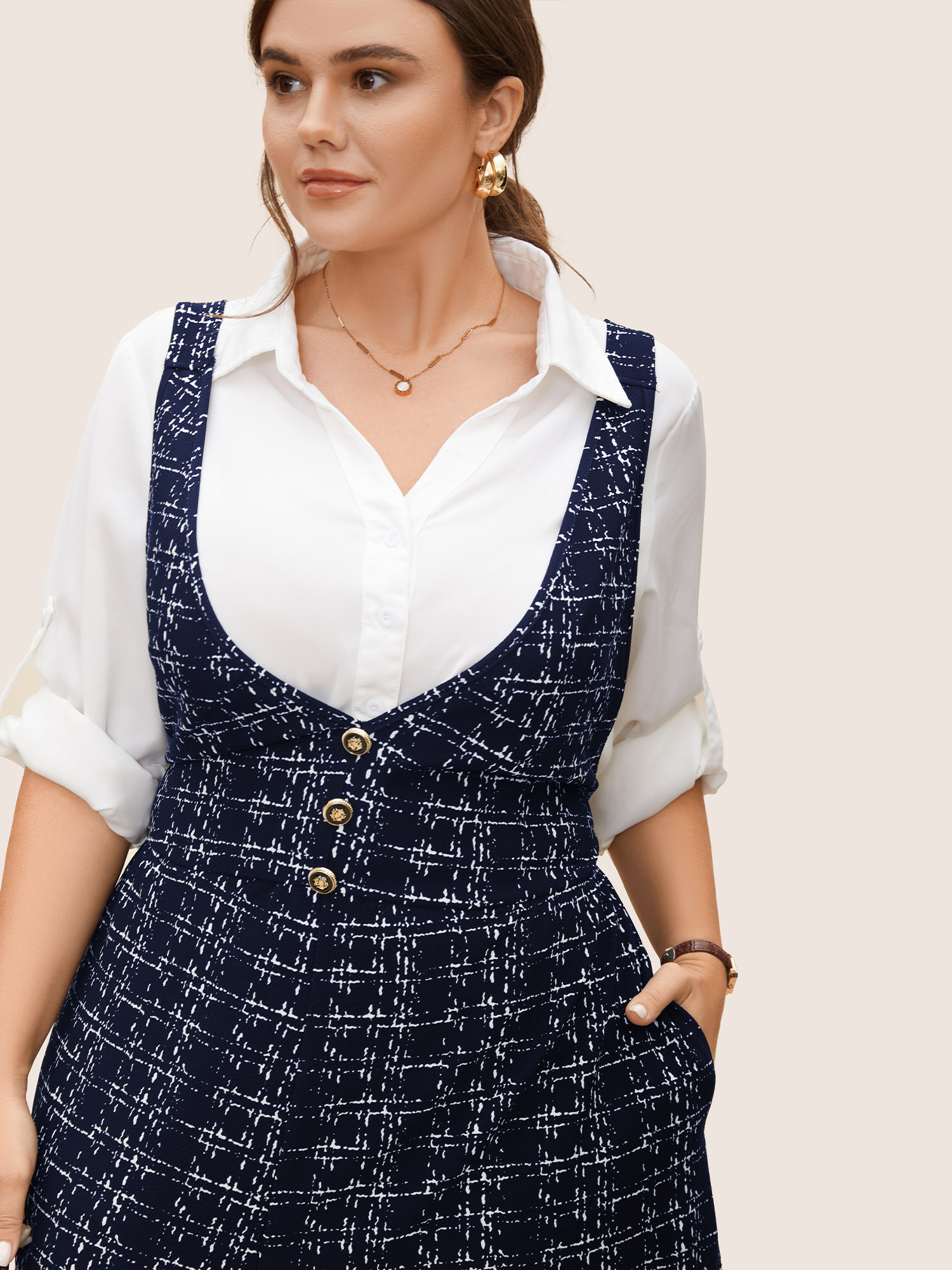 

Plus Size DarkBlue Plaid Tweed Crisscross Back Button Detail Jumpsuit Women Work From Home Sleeveless Non Work Loose Jumpsuits BloomChic